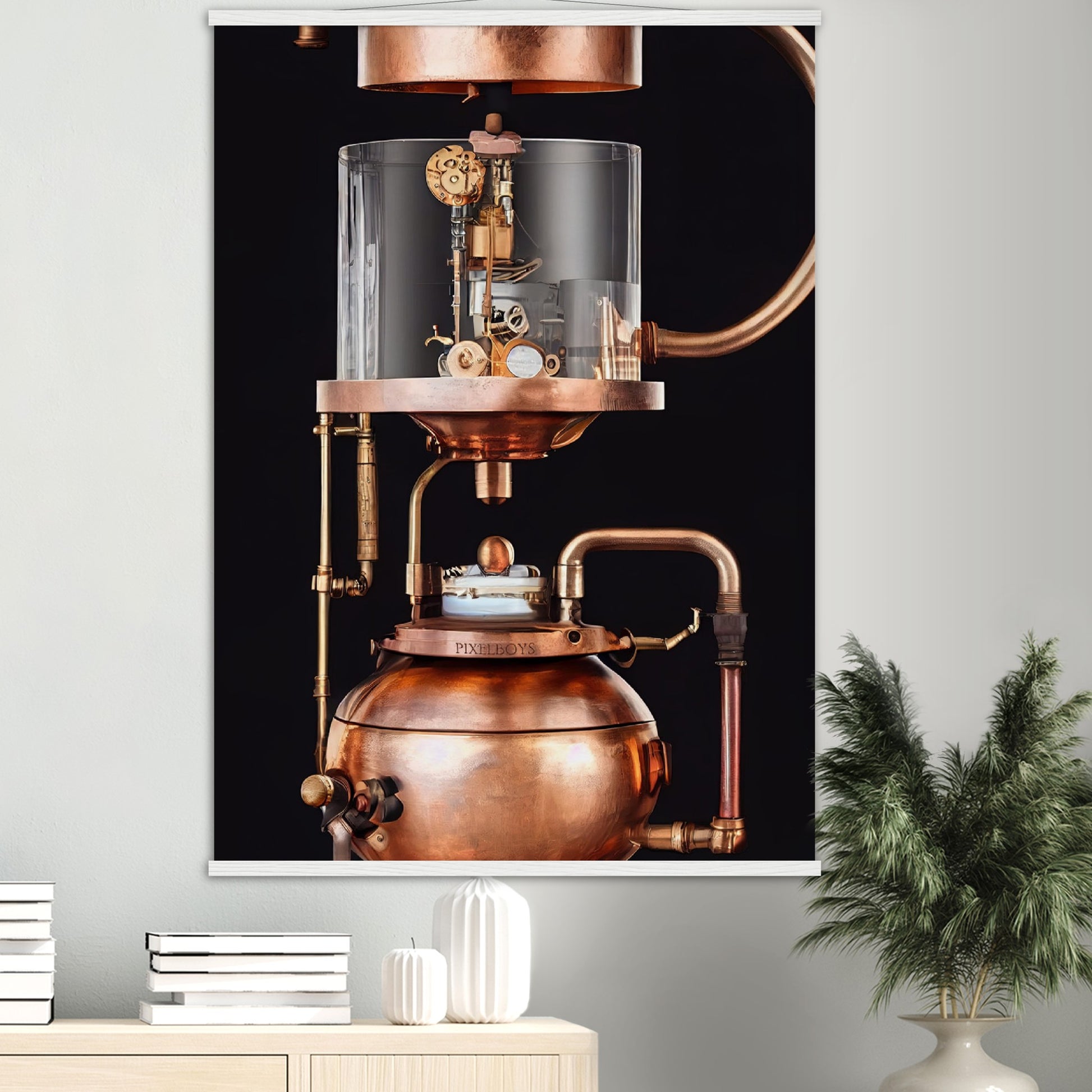 Poster mit Leisten (Holz) - Steampunk - Coffee Maker - No.6 - Collection Cup - Pixelboys - Wandbild - Kunstwerk - Hotelkunst - Kunst auf Postern - Fine Art - Steampunk - Future - Maschine - Poster with frame - Office Poster - Art Brand - Pixelboys - Coffee House - Restaurant Poster - Wall Art - Kunstdruck - Geschenkidee - Kunst auf Acrylglas - Future Coffee Cup - Personalisierbare Tasse - Gastro Tasse - exklusiv - Acryldruck - Gastronomie Poster - Hotelposter - Teestube - Steam Punk Kitchen -   