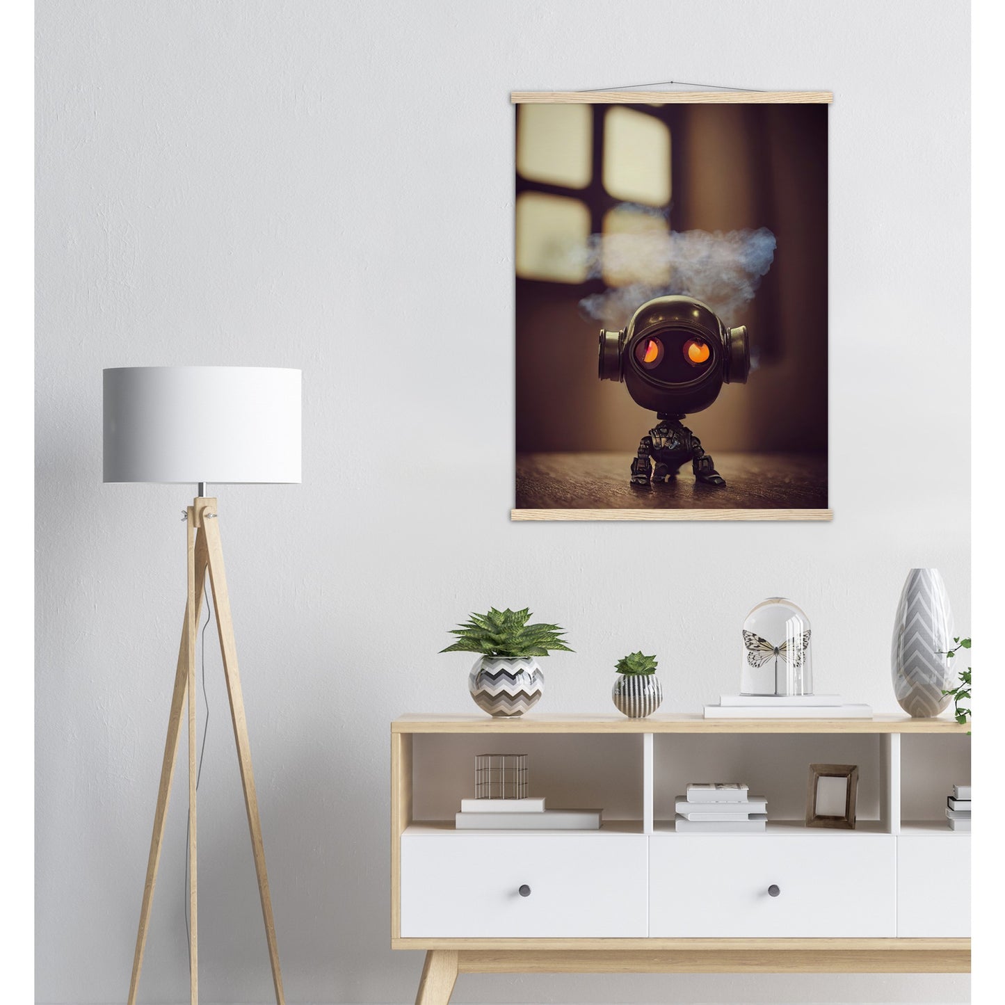 Poster mit Leisten (Holz) in Museumsqualität - Tiny robot - with smoke around his head - "Tiny Tim" - Wandbild - Customizable Coffee Cup - Personalized Gifts - Kunstdruck - Rauchender Roboter - Steampunk - Acryldruck - Smoking Robots - Personalized Gifts - Poster with frame - Wall Art - - zukunft - Kunstwerk - Office Poster - Poster mit Rahmen - Kaffee Tasse  - Bedruckte Tassen - Kunst Marke - Art Brand - Wandbild - Kunstdrucke - Künstler: John Grayst & Pixelboys - emotional robots - Geschenkidee 