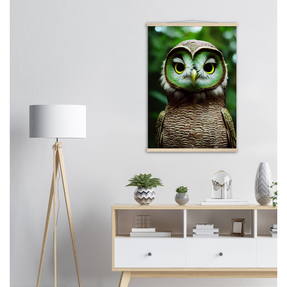 Poster mit Leisten (Holz) - Fruit Owl No. 4 - "Kiki", the Kiwi Owl - Wandkunst - Kunstdruck - (lat. tyto actinidia) - Kiwi Eule - Kiwi Owl - Fruchteulen - Vogel - Bird - Strigiformes - Noctua - Ornithologie - Kunstwerk  - Office Poster - Poster mit Rahmen - Kaffee Tasse - Poster mit Leisten - Bedruckte Tassen - Kunst Marke - Art Brand - Acryldruck - Wandbild - Kunstdrucke - Papier: 250g/qm - Künstler: John Grayst & Pixelboys - Eulen - Owl - Geschenkidee - 