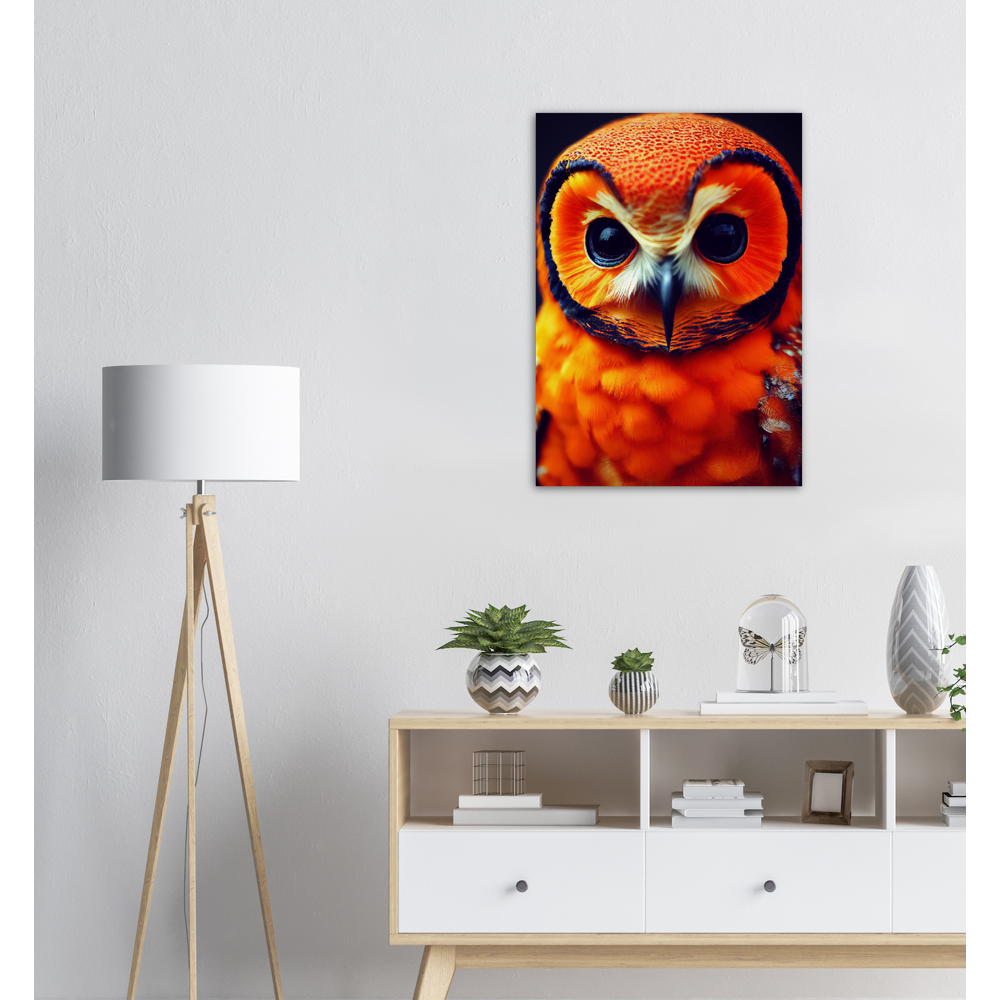 Poster in Museumsqualität - Fruit Owl No. 1 - "Orangina", the orange owl - Serie Fruit Owls - Schleiereulen - lat. Tytonidae - Fruchteulen - Vogel - Bird - Strigiformes - Noctua - Ornithologie - Kunstwerk - Acryldruck - Poster mit Rahmen - Poster mit Leisten - Bedruckte Tassen - Kunst Marke - Art Brand - Pixelboys - Kunstdruck - Acrylbild - Wandbild - Kunstdrucke - Papier: 250g/qm - Künstler: John Grayst & Pixelboys - Eulen - Owl-  - Atelier - England - London - Birmingham - Manchester - Leeds - Liverpool 