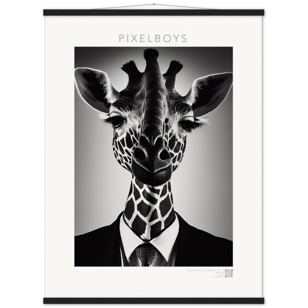 Poster mit Leisten (Holz) - "The giraffe knows" - Business Animals No. 2 "Bridget" - Künstler: "John Grayst" Kunstdruck - Wandbild - Poster - Pixelboys - Atelier - Milano - Berlin - Munich - Madrid - New York - Dubai - Paris - Tokio - Rom - Lisbon - Ottawa - Bern Switzerland - Amsterdam - Seoul - Vancouver - Antwerpen -