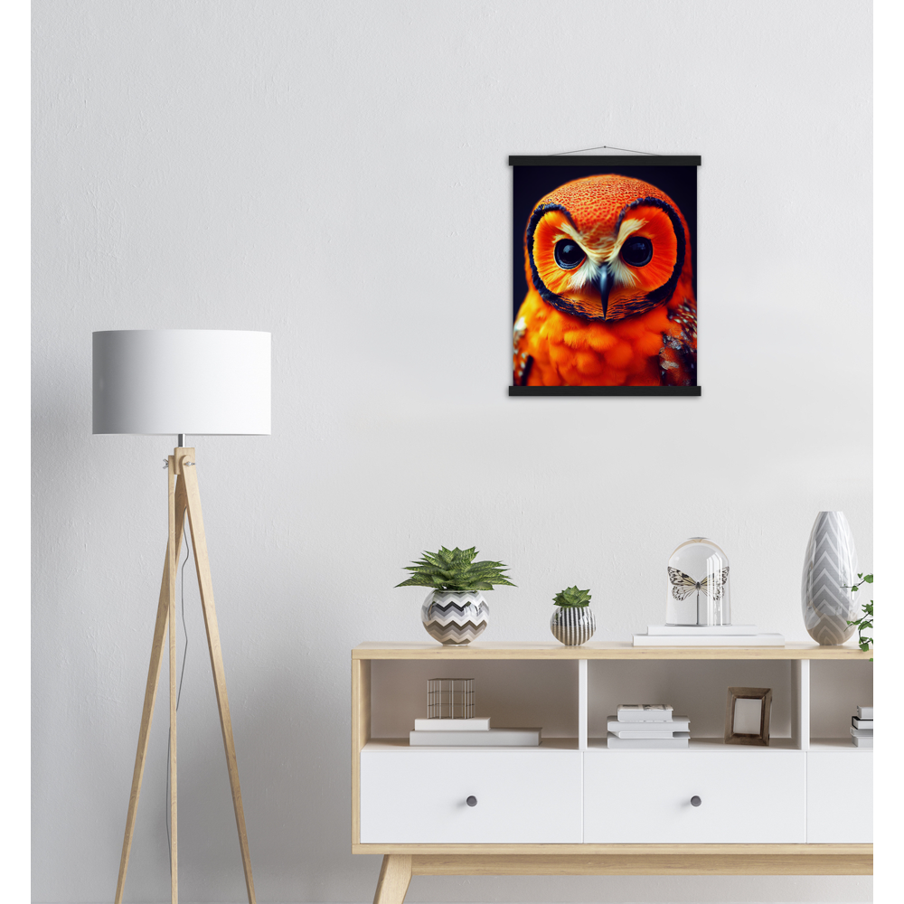 Poster mit Leisten (Holz) - Fruit Owl No. 1 - "Orangina", the orange owl - Serie Fruit Owls - Schleiereulen - lat. Tytonidae - Fruchteulen - Vogel - Bird - Strigiformes - Noctua - Ornithologie - Kunstwerk - Acryldruck - Poster mit Rahmen - Poster mit Leisten - Bedruckte Tassen - Kunst Marke - Art Brand - Pixelboys - Kunstdruck - Acrylbild - Wandbild - Kunstdrucke - Papier: 250g/qm - Künstler: John Grayst & Pixelboys - Eulen - Owl-  - Atelier - England - London - Birmingham - Manchester - Leeds - Liverpool  