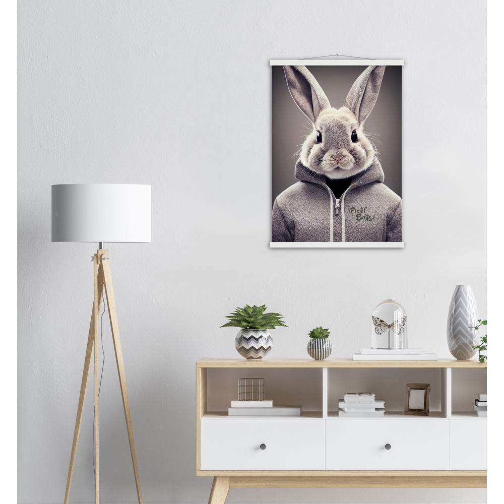 Poster mit Leisten (Holz) - Bunny in grey Hoodie - "Constantin" - Fashion Gang - Wandbild - Ostern - Geschenkidee - Osterhase - Bunny Crew: "Constantin" - "Caesar" - "Titus" - "Cleo" - Weisser Hase - Easter Bunny - Cute - grey Hoodie - sweats - Alice's Adventures in Wonderland - Modemarke - Pixelboys Brand - Constantin der Hase - Hase - Kaninchen  - Künstler: "Pixelboys" - Atelier - Germany - Berlin - Hamburg - Colgne - France - Paris - Italy - Rom - USA - America - New York City - Los Angeles - Chicago - 