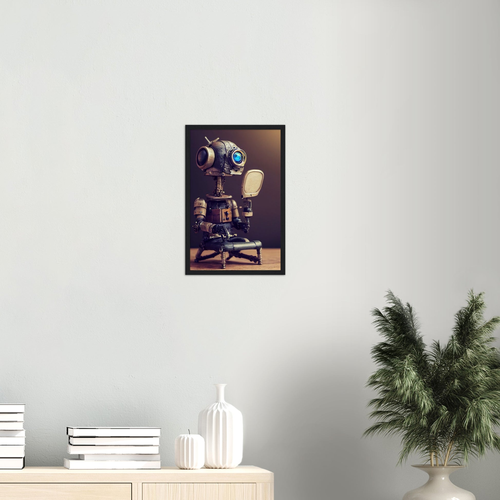 Poster mit Rahmen (Holz) in Museumsqualität - Tiny robot with a mirror - Hitoshi 人 - Wall Art - Spiegel - Acryldruck - Wandkunst - Customizable Coffee Cup - Personalized Gifts - Kunstdruck - Kleine Roboter - Acryldruck - Little Robots - Personalized Gifts - Tiny  - Steampunk - zukunft - Poster with frame - Kunstwerk - Office Poster - Poster mit Rahmen - Kaffee Tasse - Poster - Bedruckte Tassen - Kunst Marke - Art Brand - Kunstdrucke - Künstler: John Grayst & Pixelboys - emotional robots - Geschenkidee - 