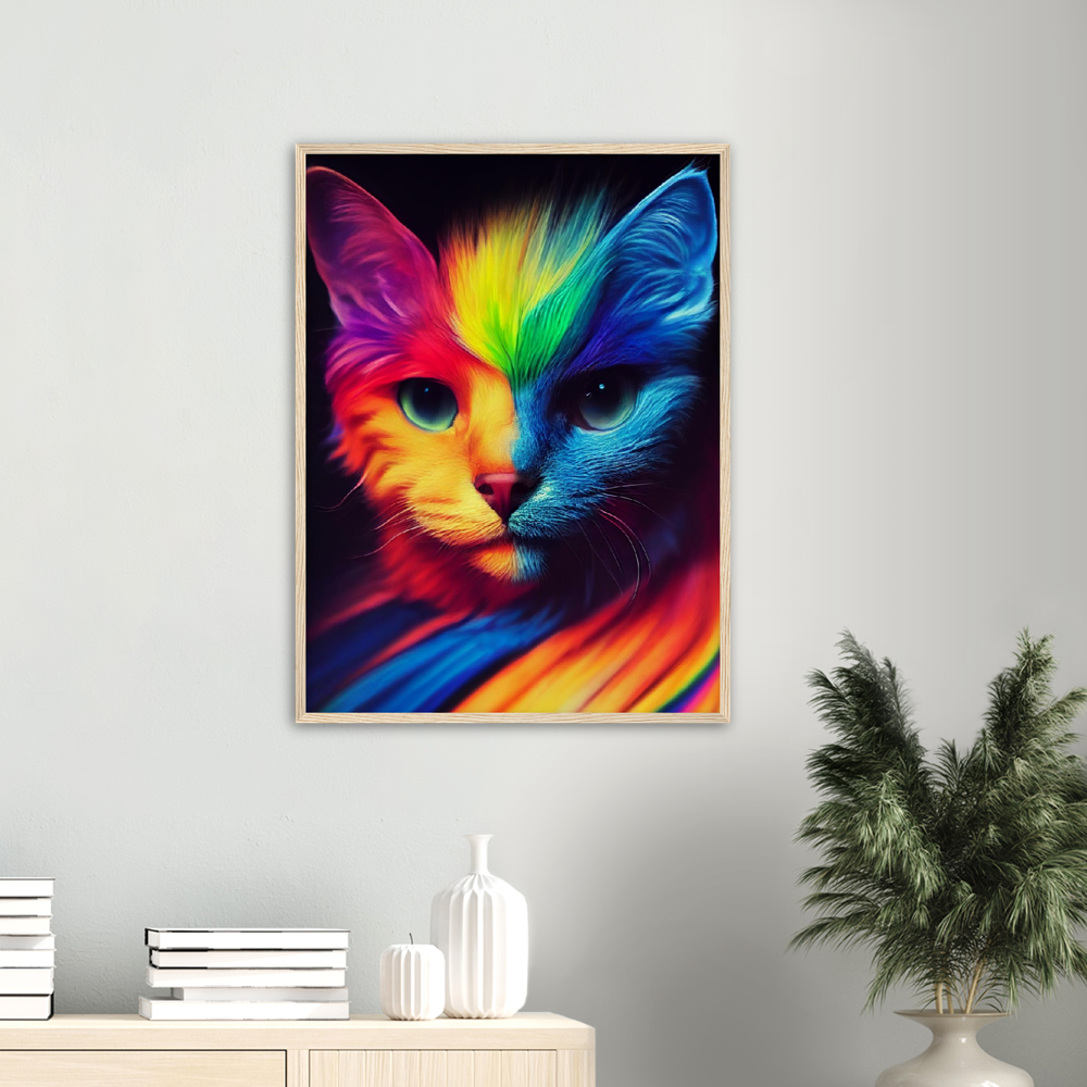 Poster mit Rahmen - Farbenfrohe Regenbogen Katze "Kitty" Poster Set mit Holzrahmen - In vielen verschiedenen Größen - auch in XXL verfügbar!