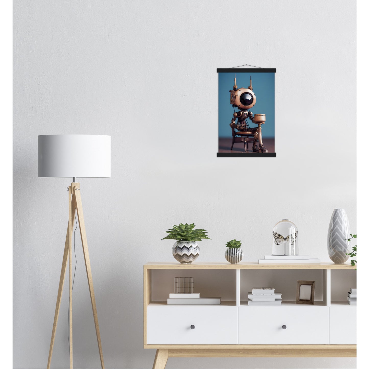 Poster mit Leisten (Holz) in Museumsqualität - Tiny robot with a present - "Tiny Sam" - Wandbild - Customizable Coffee Cup - Personalized Gifts - Kunstdruck - Roboter mit Geschenk - Steampunk - Acryldruck - Present Robots - Personalized Gifts - Poster with frame - nr.5 lebt - zukunft - Kunstwerk - Office Poster - Poster mit Rahmen - Kaffee Tasse  - Bedruckte Tassen - Kunst Marke - Art Brand - Wandbild - Kunstdrucke - Künstler: John Grayst & Pixelboys - emotional robots - Geschenkidee - Wall Art -