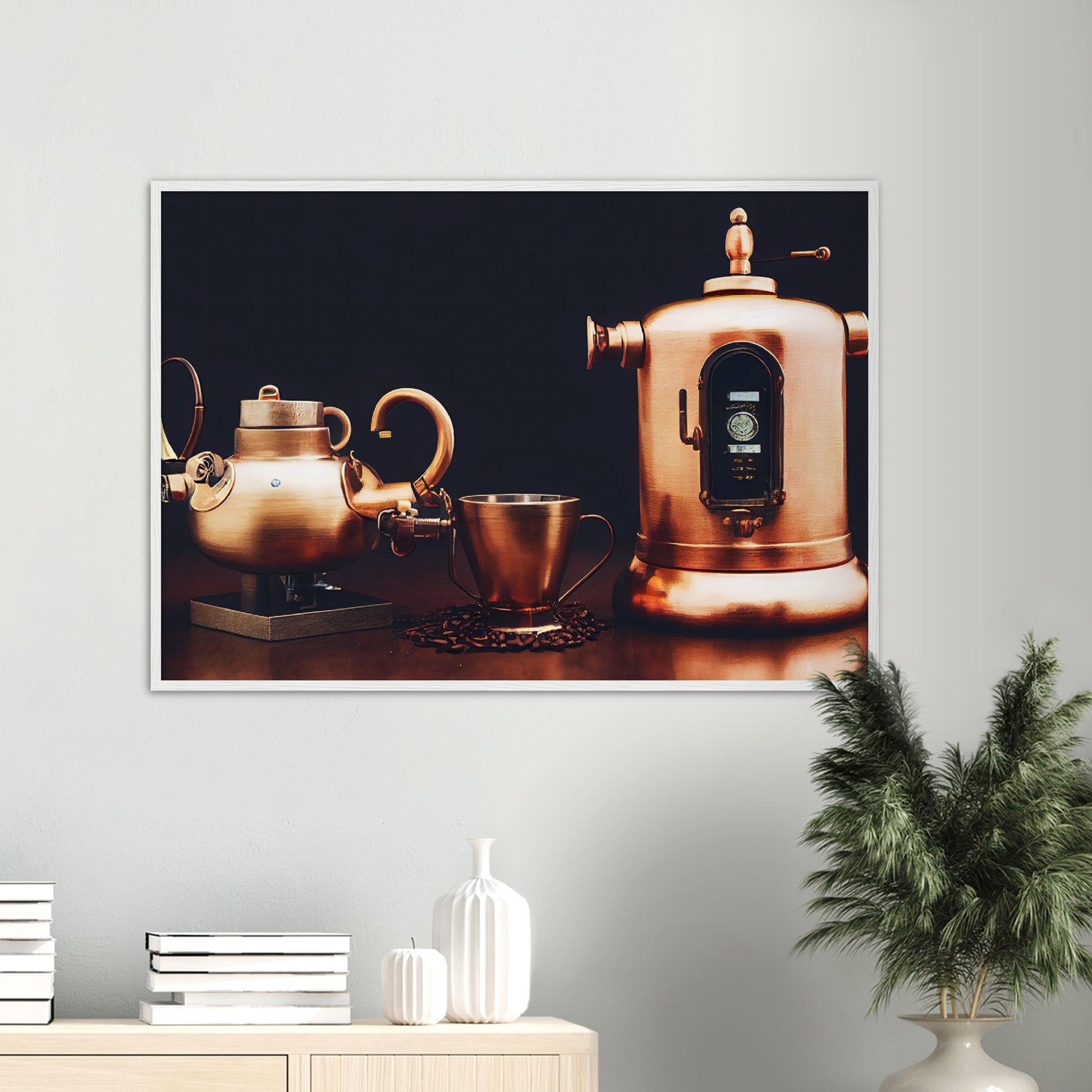 Poster mit Rahmen (Holz) - in Museumsqualität - Steampunk - Coffee Maker - No.4 - Collection Cup - Pixelboys - Wandbild - Kunstwerk - Hotelkunst - Kunst auf Postern - Fine Art - Steampunk - Future - Maschine - Poster with frame - Office Poster - Art Brand - Pixelboys - Coffee House - Restaurant Poster - Wall Art - Kunstdruck - Geschenkidee - Kunst auf Acrylglas - Future Coffee Cup - Personalisierbare Tasse - Gastro Tasse - exklusiv - Gastronomie Poster - Hotelposter - Steam Punk Kitchen - Acryldruck