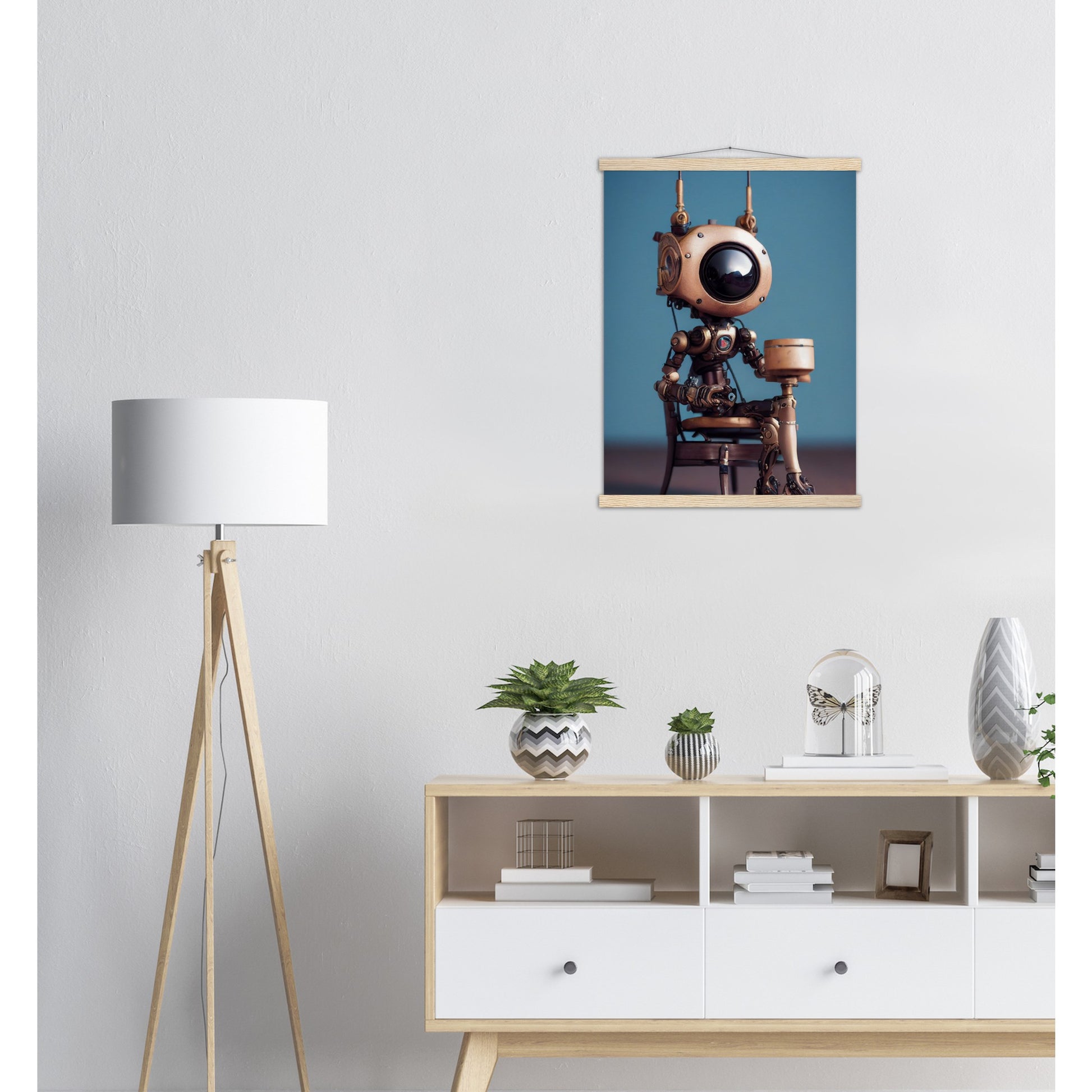 Poster mit Leisten (Holz) in Museumsqualität - Tiny robot with a present - "Tiny Sam" - Wandbild - Customizable Coffee Cup - Personalized Gifts - Kunstdruck - Roboter mit Geschenk - Steampunk - Acryldruck - Present Robots - Personalized Gifts - Poster with frame - nr.5 lebt - zukunft - Kunstwerk - Office Poster - Poster mit Rahmen - Kaffee Tasse  - Bedruckte Tassen - Kunst Marke - Art Brand - Wandbild - Kunstdrucke - Künstler: John Grayst & Pixelboys - emotional robots - Geschenkidee - Wall Art -