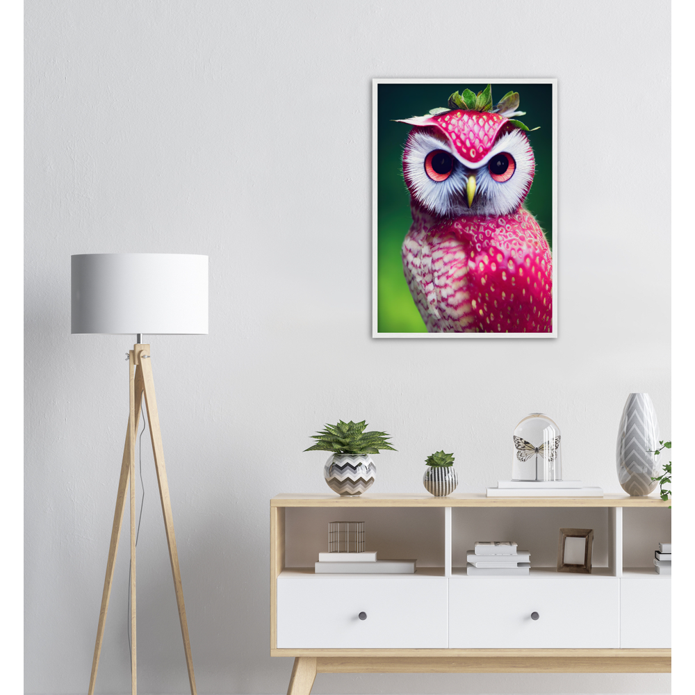 Poster in Rahmen (Holz) - Fruit Owl No. 2 - "Berry", the Strawberry Owl - Serie Fruit Owls - Wandkunst - Kunstdruck - (fiktiv: lat.  Pulsatrix Fragaria) - Erdbeere - Schleiereulen - Fruchteulen - Vogel - Bird - Strigiformes - Noctua - Ornithologie - Kunstwerk  - Office Poster - Poster mit Rahmen - Kaffee Tasse - Poster mit Leisten - Bedruckte Tassen - Kunst Marke - Art Brand - Acrylbild - Wandbild - Kunstdrucke - Papier: 250g/qm - Künstler: John Grayst & Pixelboys - Eulen - Owl - Geschenkidee - 