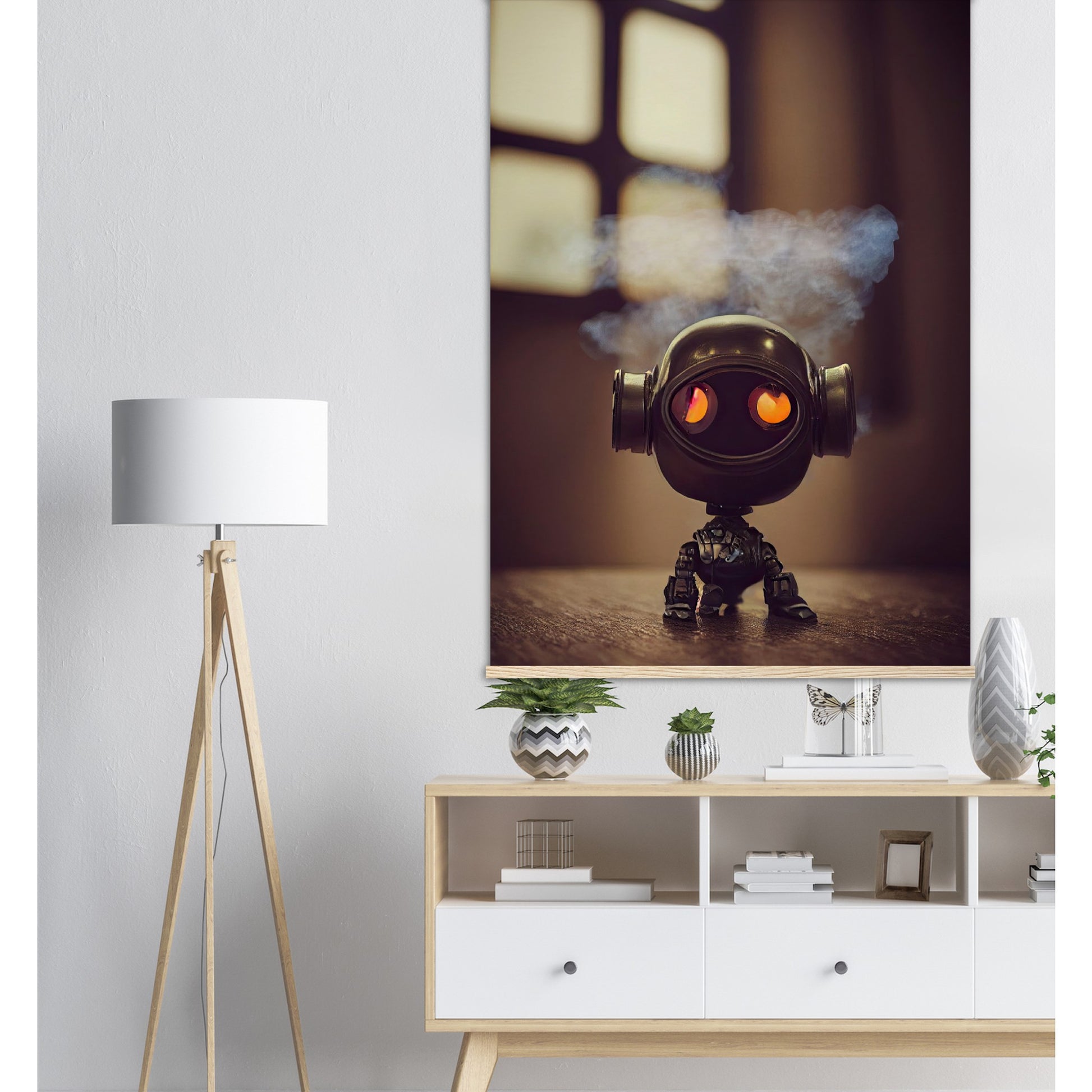 Poster mit Leisten (Holz) in Museumsqualität - Tiny robot - with smoke around his head - "Tiny Tim" - Wandbild - Customizable Coffee Cup - Personalized Gifts - Kunstdruck - Rauchender Roboter - Steampunk - Acryldruck - Smoking Robots - Personalized Gifts - Poster with frame - Wall Art - - zukunft - Kunstwerk - Office Poster - Poster mit Rahmen - Kaffee Tasse  - Bedruckte Tassen - Kunst Marke - Art Brand - Wandbild - Kunstdrucke - Künstler: John Grayst & Pixelboys - emotional robots - Geschenkidee 