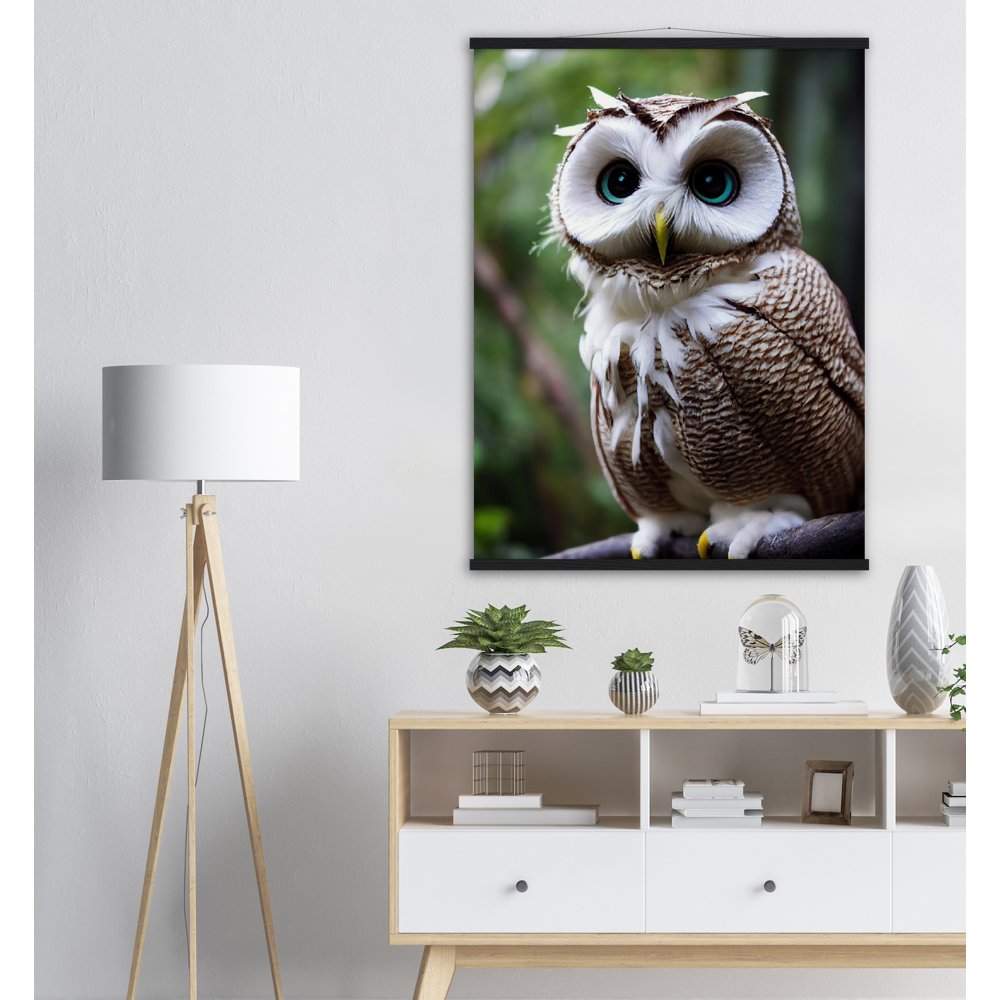 Poster mit Leisten (Holz) - Fruit Owl No.6 - "Cornelius", the coconut owl - Wandkunst - Museumsqualität - Kunstdruck - Kokusnuseule - Kokosnuss-Uhu (lat. bubo vaccinium)  - Acryldruck - Fruchteulen - coconut owl - Vogel - Uhu - Bird - Strigiformes - Noctua - Ornithologie - Kunstwerk  - Office Poster - Poster mit Rahmen - Kaffee Tasse - Poster mit Leisten - Bedruckte Tassen - Kunst Marke - Art Brand - Wandbild - Kunstdrucke - Papier: 250g/qm - Künstler: John Grayst & Pixelboys - Eulen - Owl - Geschenkidee - 