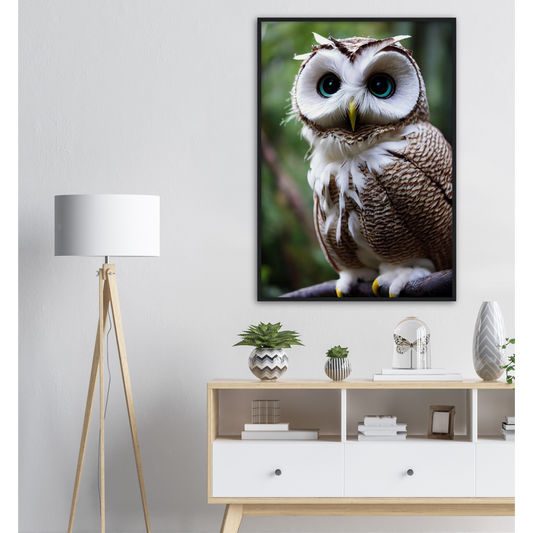 Poster mit Rahmen (Holz) - Fruit Owl No.6 - "Cornelius", the coconut owl - Wandkunst - Museumsqualität - Kunstdruck - Kokusnuseule - Kokosnuss-Uhu (lat. bubo vaccinium)  - Acryldruck - Fruchteulen - coconut owl - Vogel - Uhu - Bird - Strigiformes - Noctua - Ornithologie - Kunstwerk  - Office Poster - Poster mit Rahmen - Kaffee Tasse - Poster mit Leisten - Bedruckte Tassen - Kunst Marke - Art Brand - Wandbild - Kunstdrucke - Papier: 250g/qm - Künstler: John Grayst & Pixelboys - Eulen - Owl - Geschenkidee - 