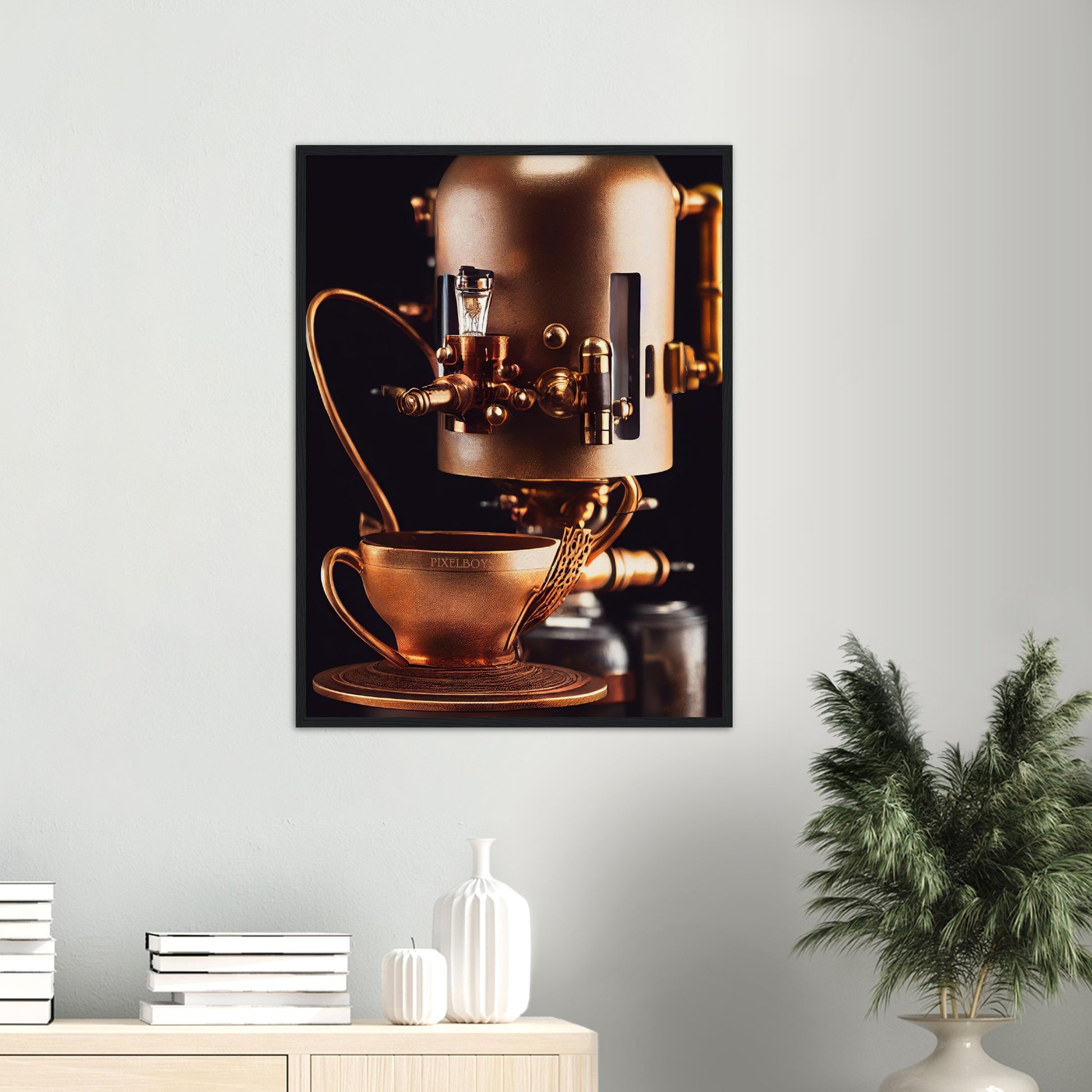 Poster mit Rahmen (Holz) - Steampunk - Coffee Maker - No.7 - Collection Cup - Pixelboys - Wandbild - Kunstwerk - Hotelkunst - Kunst auf Postern - Fine Art - Steampunk - Future - Maschine - Poster with frame - Office Poster - Art Brand - Pixelboys - Coffee House - Restaurant Poster - Wall Art - Kunstdruck - Geschenkidee - Kunst auf Acrylglas - Future Coffee Cup - Personalisierbare Tasse - Gastro Tasse - exklusiv - Acryldruck - Gastronomie Poster - Hotelposter - Teestube - Steam Punk Kitchen -   