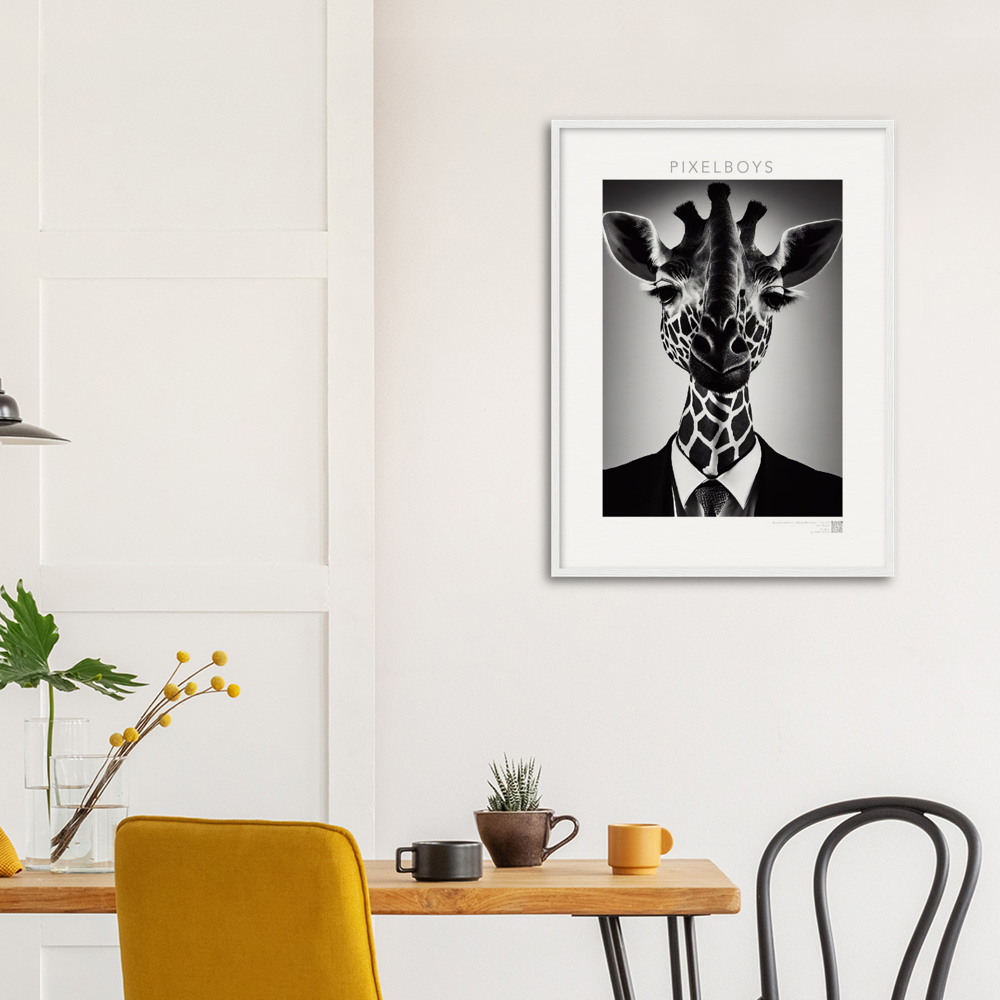 Poster mit Rahmen (Holz) - "The giraffe knows" - Business Animals No. 2 "Bridget" - Künstler: "John Grayst" Kunstdruck - Wandbild - Pixelboys - Atelier - Milano - Berlin - Munich - Madrid - New York - Dubai - Paris - Tokio - Rom - Lisbon - Ottawa - Bern Switzerland - Amsterdam - Seoul - Vancouver - Antwerpen -