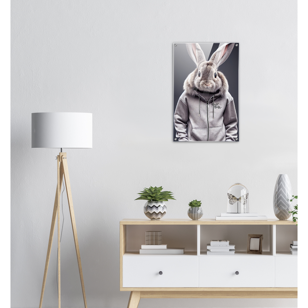 Acrylbild - Bunny in grey Tracksuit - "Titus" - Fashion Gang - Acryldruck - Ostern - Geschenkidee - Osterhase - Bunny Crew: "Titus" - "Caesar" - "Constantin" - "Cleo" - Weisser Hase - Easter Bunny - Cute - grey tracksuit - sweats - Alice's Adventures in Wonderland - Modemarke - Pixelboys Brand - Constantin der Hase - Hase - Kaninchen  - Künstler: "Pixelboys" - Atelier - Germany - Berlin - Hamburg - Colgne - France - Paris - Italy - Rom - USA - America - New York City - Los Angeles - Chicago - 