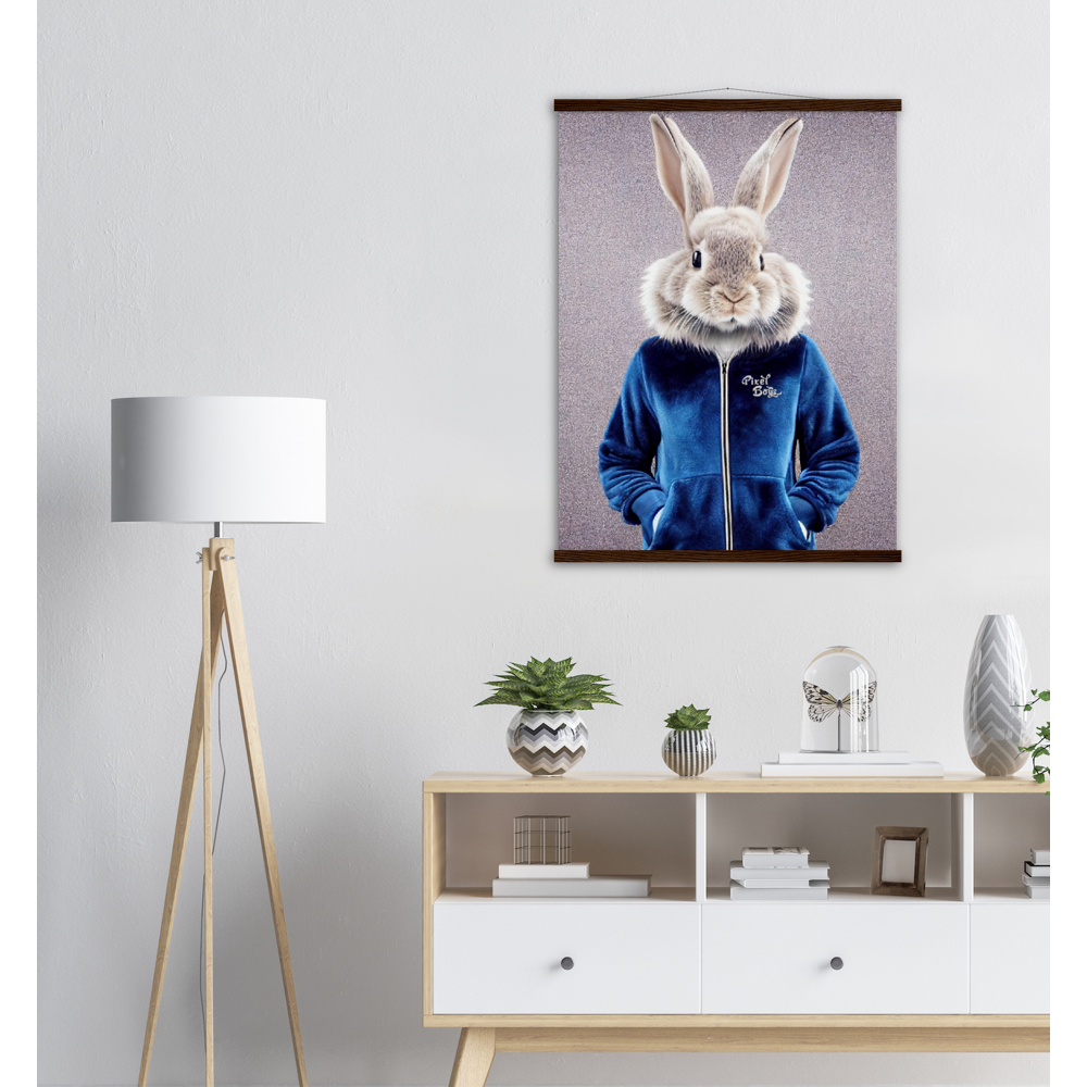 Poster mit Leisten (Holz) - Bunny in blue Tracksuit - "Caesar" - Gang - Wandbild - Ostern - Geschenkidee - Osterhase - Bunny Crew: "Caesar" - "Constantin" - "Titus" - "Cleo" - Weisser Hase - Easter Bunny - Cute - blue Tracksuit - sweats - Gang - Modemarke -Pixelboys Brand - Caesar der Hase - Meister Lampe - Hase - Kaninchen - Karnickel - Stallhase - Künstler: "Pixelboys" - Atelier - Germany - Berlin - Hamburg - Colgne - France - Paris - Italy - Rom - USA - America - New York City - Los Angeles - Chicago - 