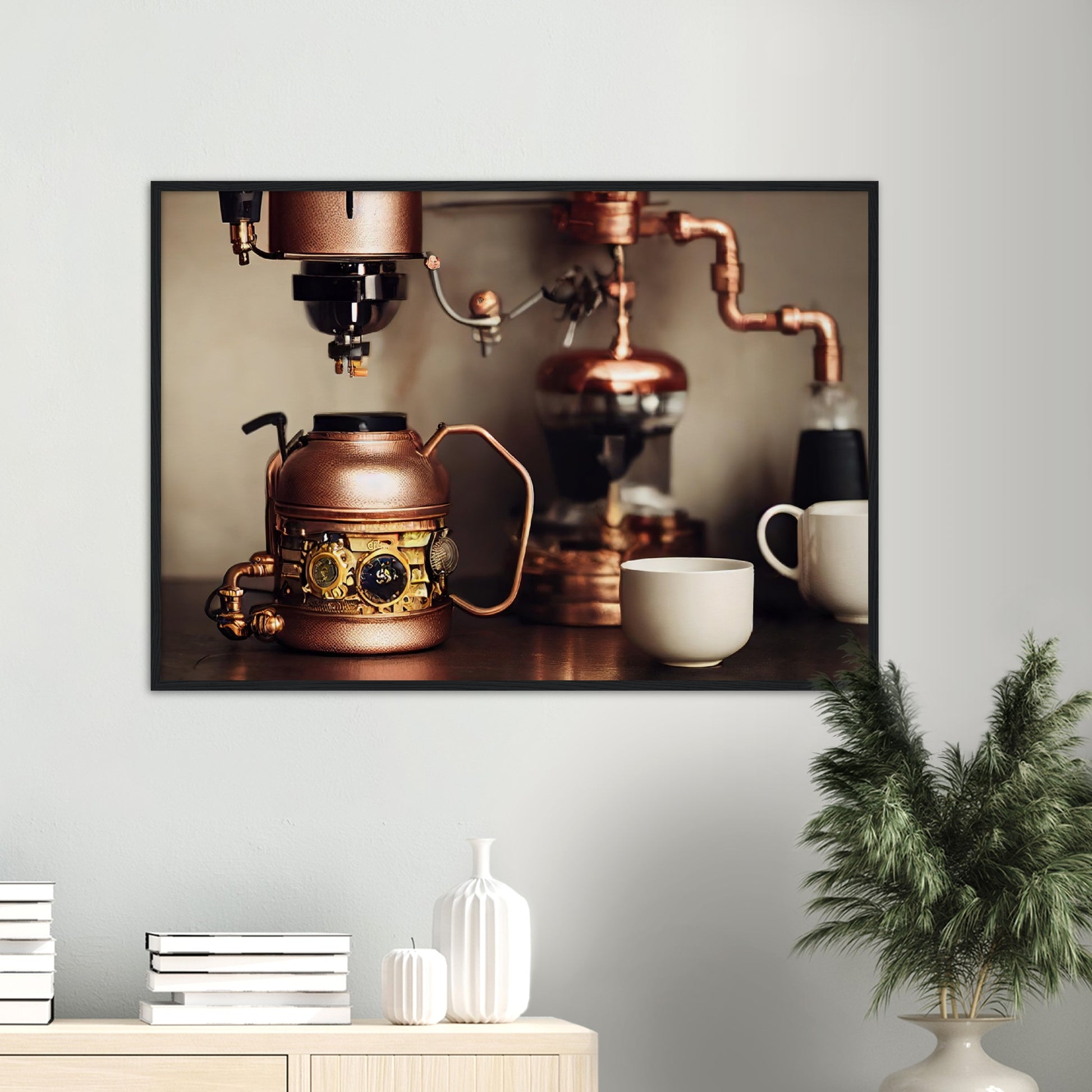 Poster mit Rahmen in Museumsqualität - Steampunk - Coffee Maker - No.1 - Wandbild - Kunstwerk - Kunst auf Postern - Fine Art - Steampunk - Future - Maschine - Poster with frame - Office Poster - Art Brand - Pixelboys - Coffee House - Restaurant Poster - Schöner Wohnen - Dekoration - Wall Art - Kunstdruck - Geschenkidee - Kunst auf Acrylglas - Personalisierbare Tasse - Gastro Poster - Gewerbliche Poster - exklusiv