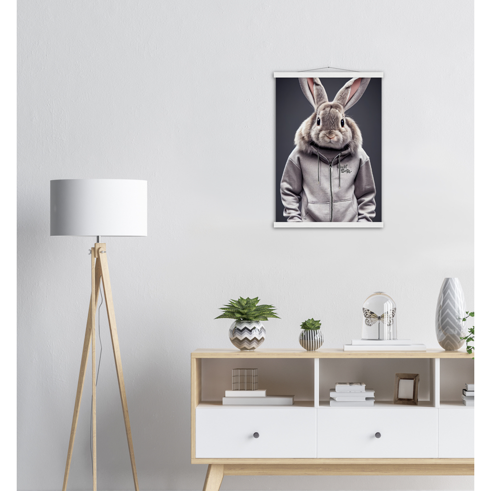 Poster mit Leisten (Holz) - Bunny in grey Tracksuit - "Titus" - Fashion Gang - Wandbild - Ostern - Geschenkidee - Osterhase - Bunny Crew: "Titus" - "Caesar" - "Constantin" - "Cleo" - Weisser Hase - Easter Bunny - Cute - grey tracksuit - sweats - Alice's Adventures in Wonderland - Modemarke - Pixelboys Brand - Constantin der Hase - Hase - Kaninchen  - Künstler: "Pixelboys" - Atelier - Germany - Berlin - Hamburg - Colgne - France - Paris - Italy - Rom - USA - America - New York City - Los Angeles - Chicago - 