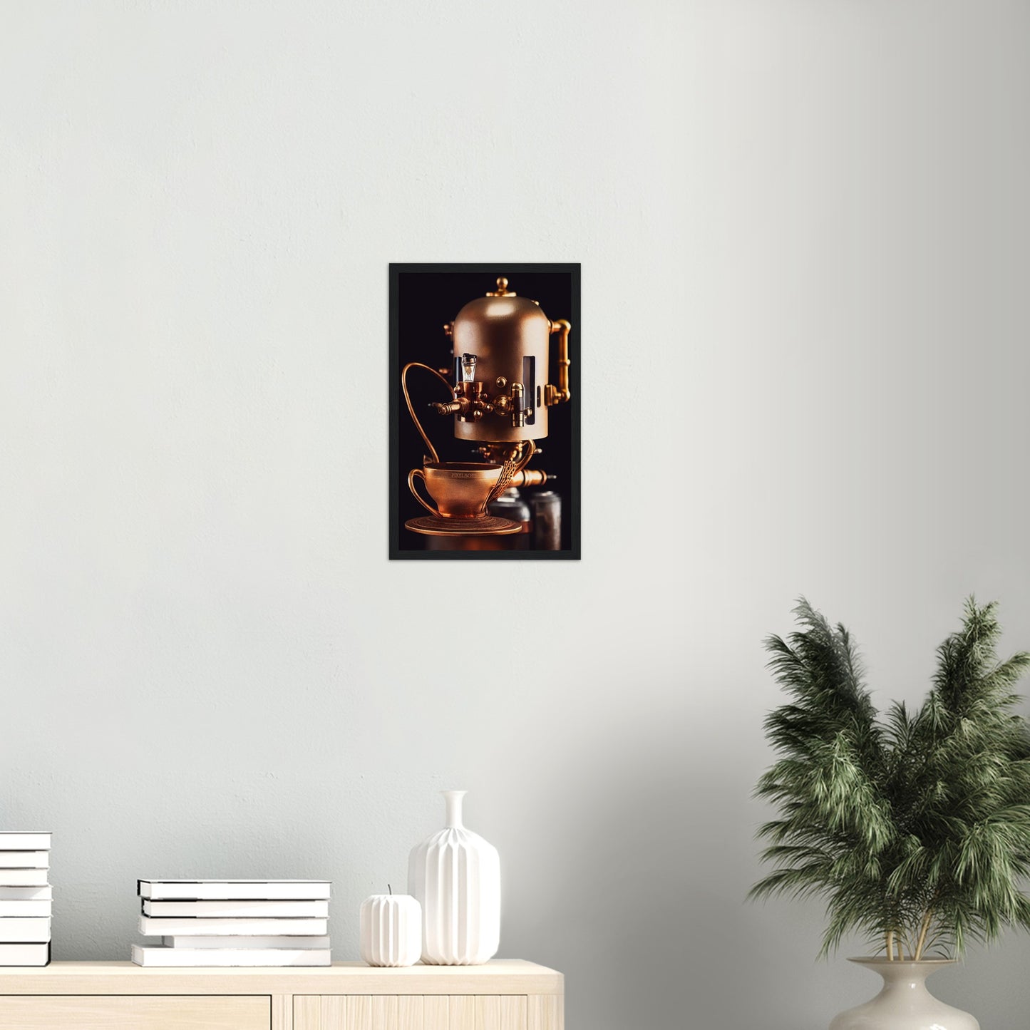 Poster mit Rahmen (Holz) - Steampunk - Coffee Maker - No.7 - Collection Cup - Pixelboys - Wandbild - Kunstwerk - Hotelkunst - Kunst auf Postern - Fine Art - Steampunk - Future - Maschine - Poster with frame - Office Poster - Art Brand - Pixelboys - Coffee House - Restaurant Poster - Wall Art - Kunstdruck - Geschenkidee - Kunst auf Acrylglas - Future Coffee Cup - Personalisierbare Tasse - Gastro Tasse - exklusiv - Acryldruck - Gastronomie Poster - Hotelposter - Teestube - Steam Punk Kitchen -   