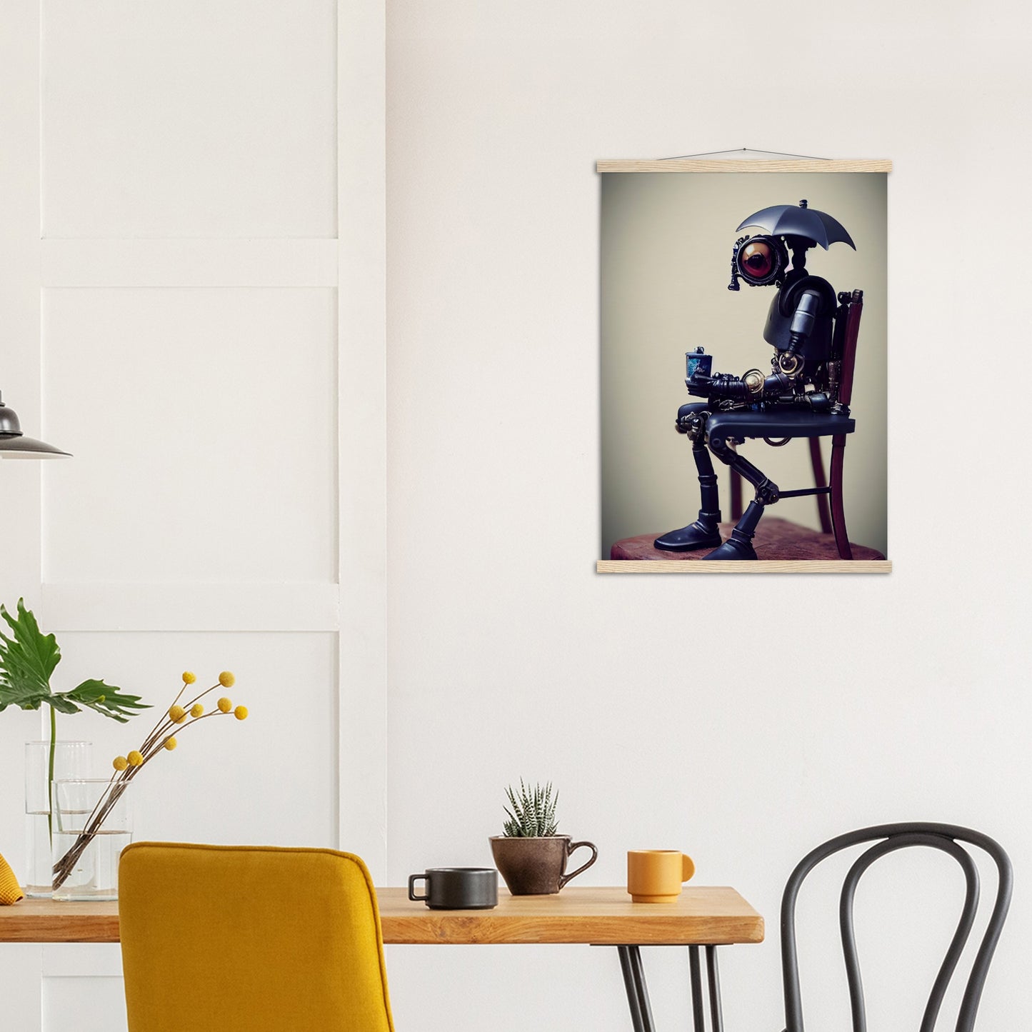  Poster mit Leisten (Holz) in Museumsqualität - Tiny robot with an umbrella "Louis" - Regenschirm - Acryldruck - Wandkunst - Customizable Coffee Cup - Personalized Gifts - Kunstdruck - Kleine Roboter - Acryldruck - Little Robots - Personalized Gifts - Tiny  - Steampunk - zukunft - Poster with frame - Kunstwerk - Office Poster - Poster mit Rahmen - Kaffee Tasse - Poster - Bedruckte Tassen - Kunst Marke - Art Brand - Kunstdrucke - Künstler: John Grayst & Pixelboys - emotional robots - Geschenkidee -