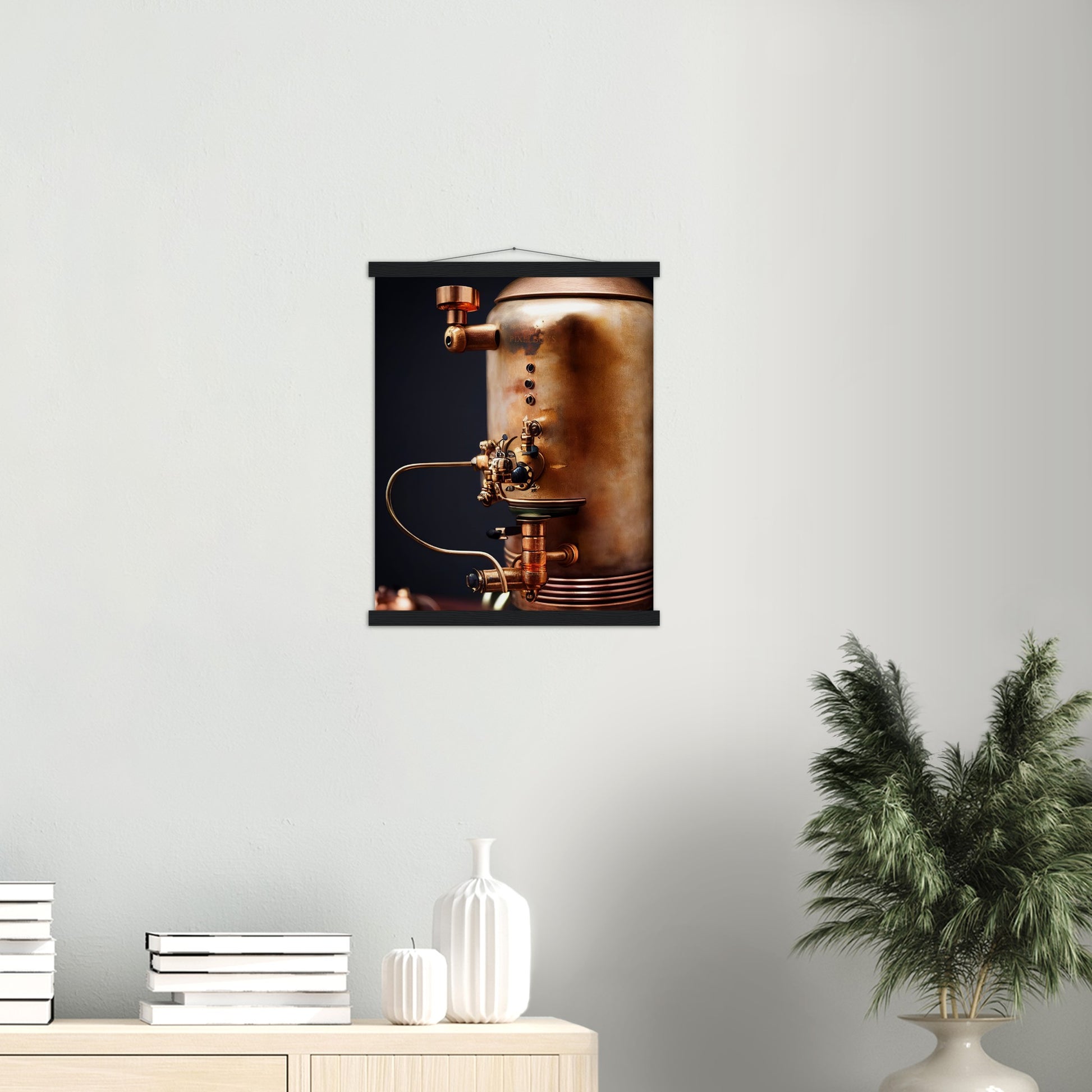 Poster mit Leisten (Holz) - Steampunk - Coffee Maker - No.5 - Collection Cup - Pixelboys - Wandbild - Kunstwerk - Hotelkunst - Kunst auf Postern - Fine Art - Steampunk - Future - Maschine - Poster with frame - Office Poster - Art Brand - Pixelboys - Coffee House - Restaurant Poster - Wall Art - Kunstdruck - Geschenkidee - Kunst auf Acrylglas - Future Coffee Cup - Personalisierbare Tasse - Gastro Tasse - exklusiv - Acryldruck - Gastronomie Poster - Hotelposter - Steam Punk Kitchen -   