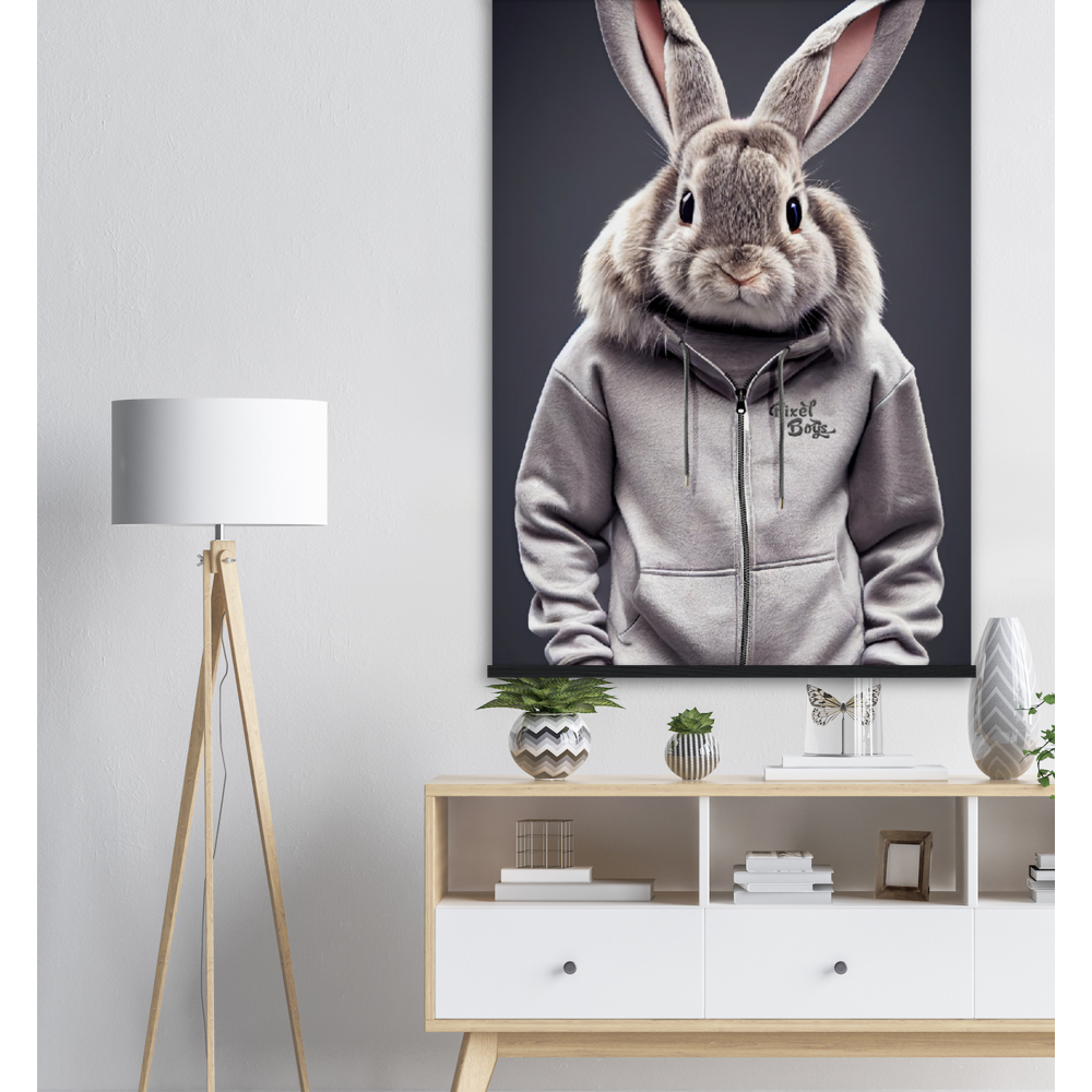 Poster mit Leisten (Holz) - Bunny in grey Tracksuit - "Titus" - Fashion Gang - Wandbild - Ostern - Geschenkidee - Osterhase - Bunny Crew: "Titus" - "Caesar" - "Constantin" - "Cleo" - Weisser Hase - Easter Bunny - Cute - grey tracksuit - sweats - Alice's Adventures in Wonderland - Modemarke - Pixelboys Brand - Constantin der Hase - Hase - Kaninchen  - Künstler: "Pixelboys" - Atelier - Germany - Berlin - Hamburg - Colgne - France - Paris - Italy - Rom - USA - America - New York City - Los Angeles - Chicago - 