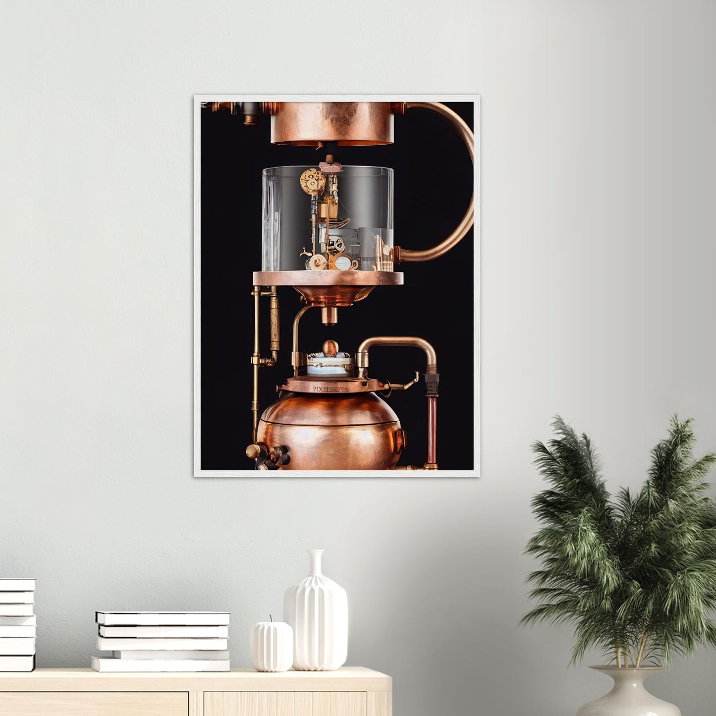 Poster mit Rahmen (Holz) - Steampunk - Coffee Maker - No.6 - Collection Cup - Pixelboys - Wandbild - Kunstwerk - Hotelkunst - Kunst auf Postern - Fine Art - Steampunk - Future - Maschine - Poster with frame - Office Poster - Art Brand - Pixelboys - Coffee House - Restaurant Poster - Wall Art - Kunstdruck - Geschenkidee - Kunst auf Acrylglas - Future Coffee Cup - Personalisierbare Tasse - Gastro Tasse - exklusiv - Acryldruck - Gastronomie Poster - Hotelposter - Teestube - Steam Punk Kitchen -   