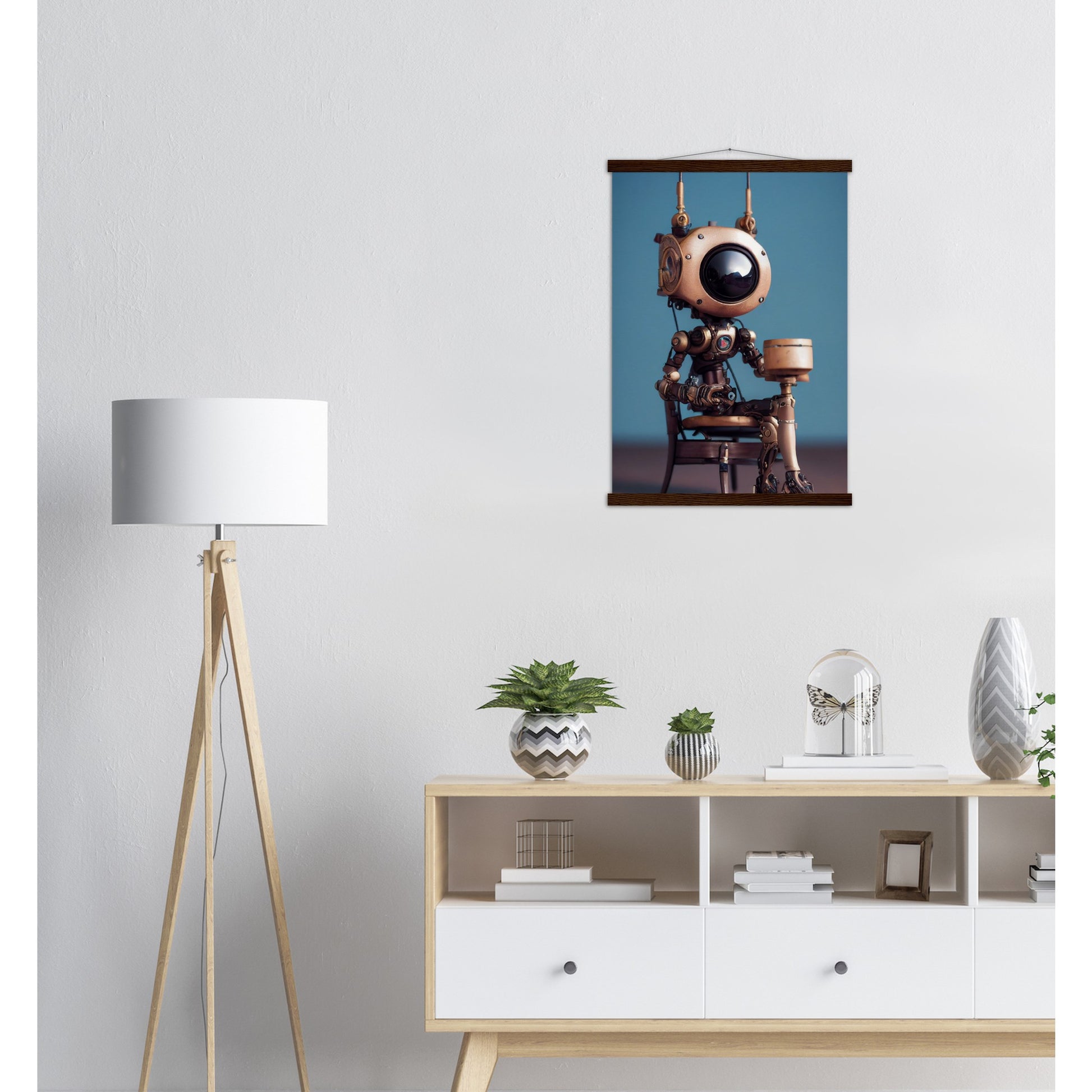 Poster mit Leisten (Holz) in Museumsqualität - Tiny robot with a present - "Tiny Sam" - Wandbild - Customizable Coffee Cup - Personalized Gifts - Kunstdruck - Roboter mit Geschenk - Steampunk - Acryldruck - Present Robots - Personalized Gifts - Poster with frame - nr.5 lebt - zukunft - Kunstwerk - Office Poster - Poster mit Rahmen - Kaffee Tasse  - Bedruckte Tassen - Kunst Marke - Art Brand - Wandbild - Kunstdrucke - Künstler: John Grayst & Pixelboys - emotional robots - Geschenkidee - Wall Art -