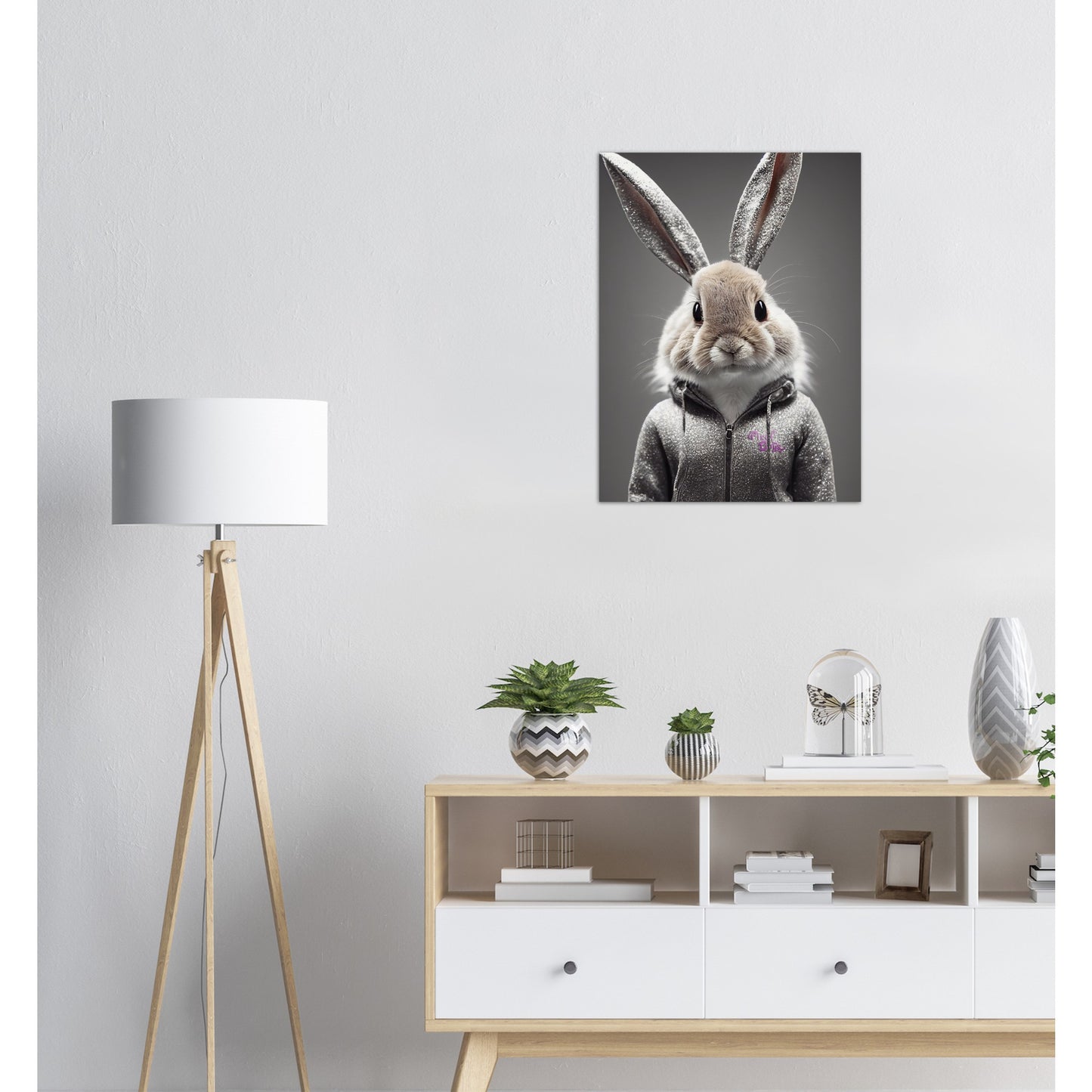 Poster in Museumsqualität - Bunny in grey tracksuit - "Cleo" - Cute - Marke:Pixelboys - Brand - Art Prints - Marke - Wandkunst - Papierstärke: 250g/qm - Wall Art - Bunny crey - Skater Betty - Hasen Gang - Original - Künstler:Pixelboys - Poster with frame - Office Poster - Trend - Wandschmuck - Atelier USA - 