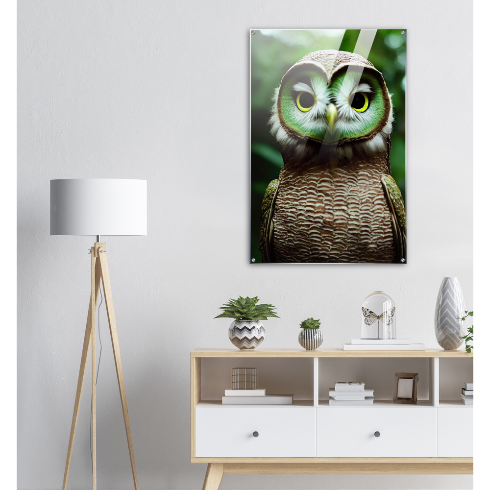 Acrylbild - Museumsqualität - Fruit Owl No. 4 - "Kiki", the Kiwi Owl - Wandkunst - Kunstdruck - (lat. tyto actinidia) - Kiwi Eule - Kiwi Owl - Fruchteulen - Vogel - Bird - Strigiformes - Noctua - Ornithologie - Kunstwerk  - Office Poster - Poster mit Rahmen - Kaffee Tasse - Poster mit Leisten - Bedruckte Tassen - Kunst Marke - Art Brand - Acryldruck - Wandbild - Kunstdrucke - Papier: 250g/qm - Künstler: John Grayst & Pixelboys - Eulen - Owl - Geschenkidee - 