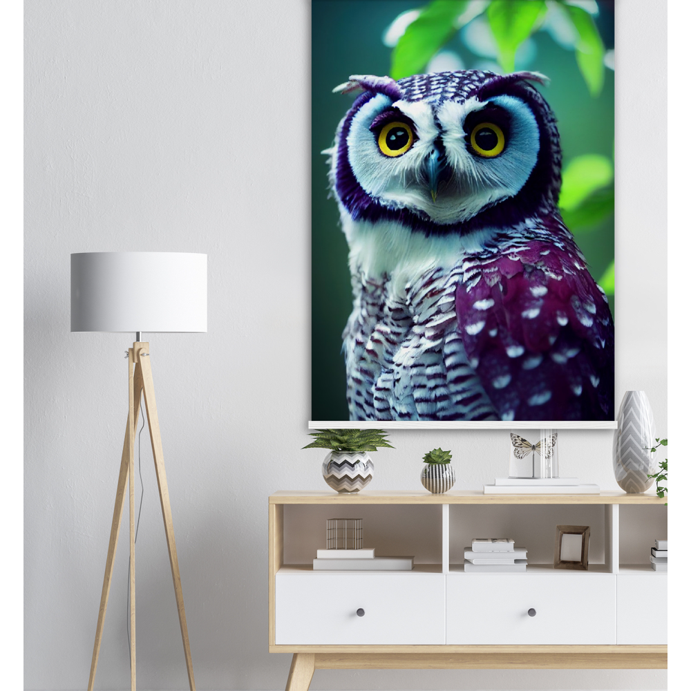 Poster mit Leisten (Holz) - Fruit Owl No.5 - "Sini", the bluberry owl - Wandkunst - Kunstdruck - Heidelbeereule - (lat. bubo vaccinium) - Teebecher - Heidelbeere Eule - Fruchteulen - blueberry owl- Vogel - Uhu - Bird - Strigiformes - Noctua - Ornithologie - Kunstwerk  - Office Poster - Poster mit Rahmen - Kaffee Tasse - Poster mit Leisten - Bedruckte Tassen - Kunst Marke - Art Brand - Acryldruck - Wandbild - Kunstdrucke - Papier: 250g/qm - Künstler: John Grayst & Pixelboys - Eulen - Owl - Geschenkidee - 