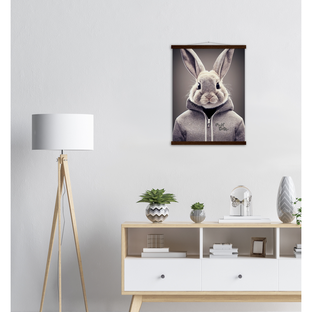 Poster mit Leisten (Holz) - Bunny in grey Hoodie - "Constantin" - Fashion Gang - Wandbild - Ostern - Geschenkidee - Osterhase - Bunny Crew: "Constantin" - "Caesar" - "Titus" - "Cleo" - Weisser Hase - Easter Bunny - Cute - grey Hoodie - sweats - Alice's Adventures in Wonderland - Modemarke - Pixelboys Brand - Constantin der Hase - Hase - Kaninchen  - Künstler: "Pixelboys" - Atelier - Germany - Berlin - Hamburg - Colgne - France - Paris - Italy - Rom - USA - America - New York City - Los Angeles - Chicago - 