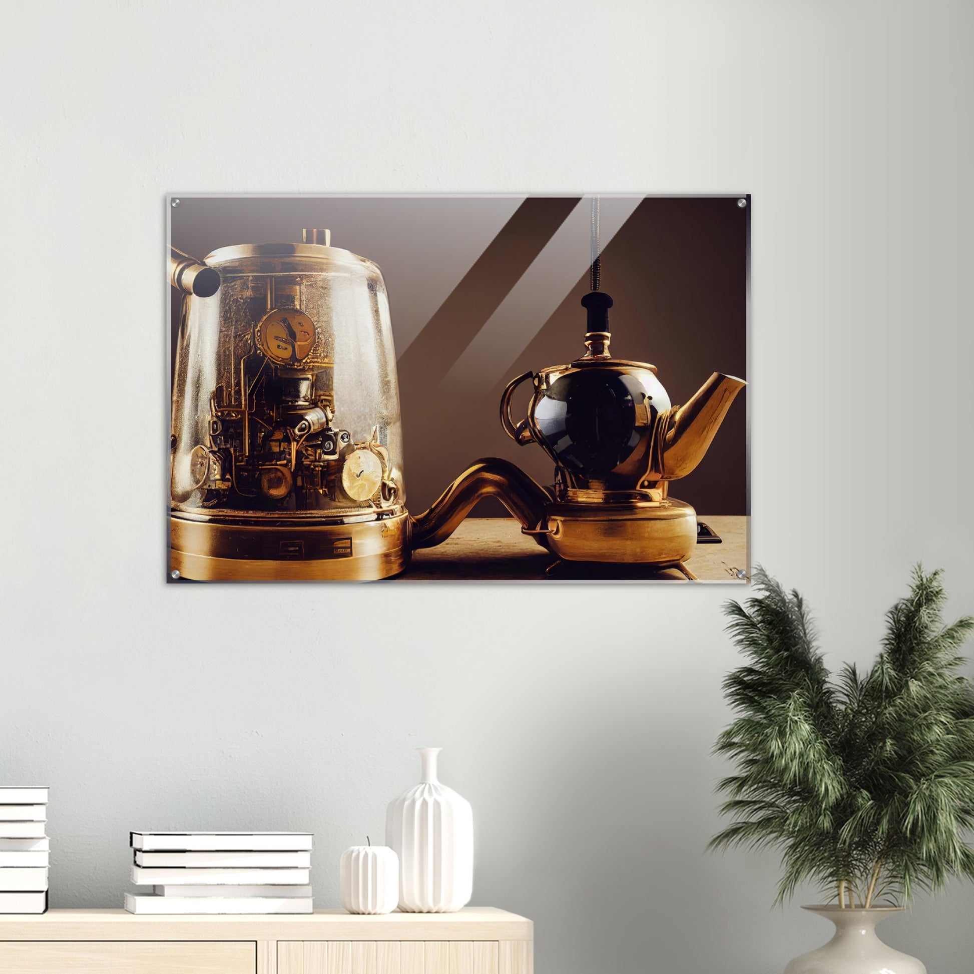 Acrylbild auf Glas - in Museumsqualität - Steampunk - Coffee Maker - No.2 - Pixelboys - Wandbild - Kunstwerk - Hotelkunst - Kunst auf Postern - Fine Art - Steampunk - Future - Maschine - Poster with frame - Office Poster - Art Brand - Pixelboys - Coffee House - Restaurant Poster - Schöner Wohnen - Dekoration - Wall Art - Kunstdruck - Geschenkidee - Kunst auf Acrylglas - Future Coffee Cup - Personalisierbare Tasse - Gastro Poster -  Gewerbliche Poster - exklusiv - Gastronomie Poster - Hotelposter -