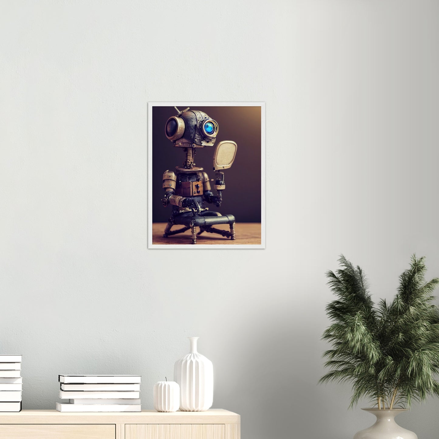 Poster mit Rahmen (Holz) in Museumsqualität - Tiny robot with a mirror - Hitoshi 人 - Wall Art - Spiegel - Acryldruck - Wandkunst - Customizable Coffee Cup - Personalized Gifts - Kunstdruck - Kleine Roboter - Acryldruck - Little Robots - Personalized Gifts - Tiny  - Steampunk - zukunft - Poster with frame - Kunstwerk - Office Poster - Poster mit Rahmen - Kaffee Tasse - Poster - Bedruckte Tassen - Kunst Marke - Art Brand - Kunstdrucke - Künstler: John Grayst & Pixelboys - emotional robots - Geschenkidee - 