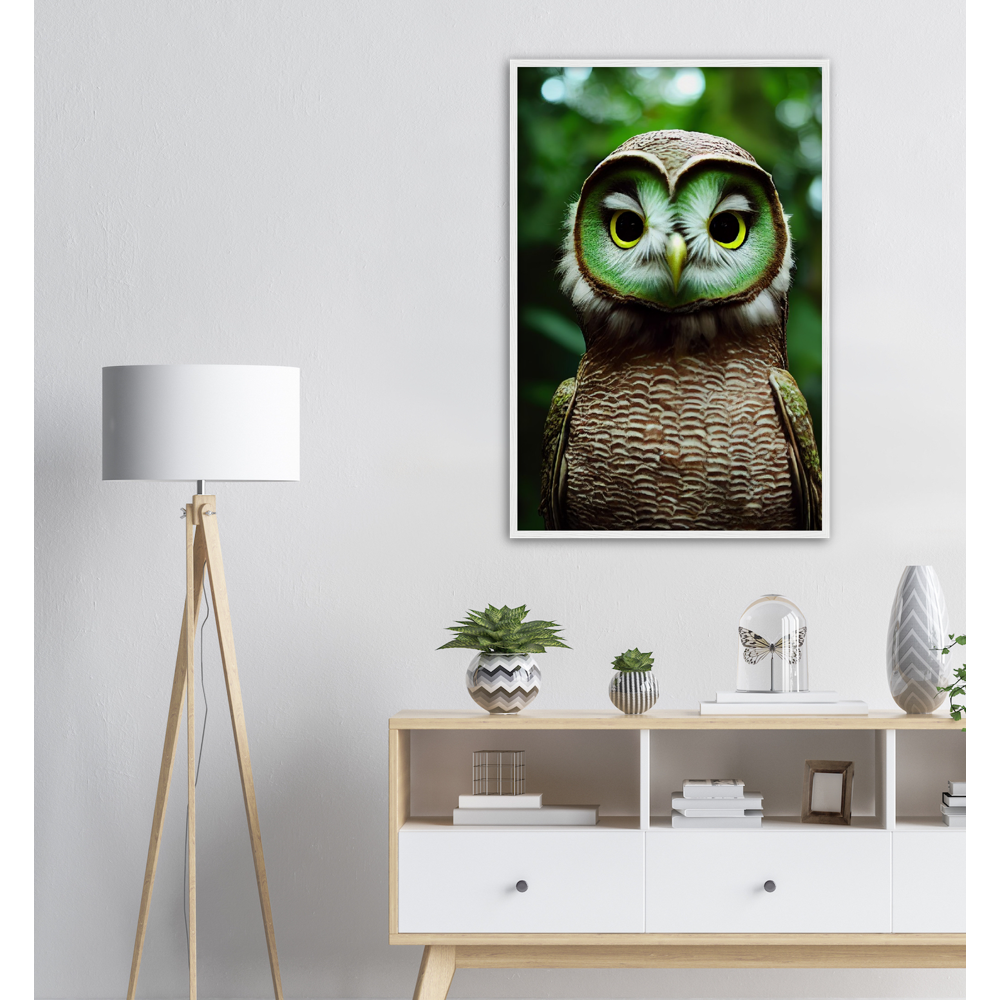 Poster mit Rahmen - Fruit Owl No. 4 - "Kiki", the Kiwi Owl - Wandkunst - Kunstdruck - (lat. tyto actinidia) - Kiwi Eule - Kiwi Owl - Fruchteulen - Vogel - Bird - Strigiformes - Noctua - Ornithologie - Kunstwerk  - Office Poster - Poster mit Rahmen - Kaffee Tasse - Poster mit Leisten - Bedruckte Tassen - Kunst Marke - Art Brand - Acryldruck - Wandbild - Kunstdrucke - Papier: 250g/qm - Künstler: John Grayst & Pixelboys - Eulen - Owl - Geschenkidee - 