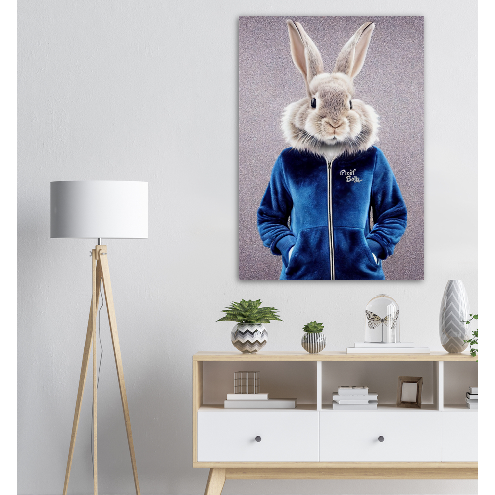 Poster in Museumsqualität - Bunny in blue Tracksuit - "Caesar" - Wandbild - Ostern - Geschenkidee - Osterhase - Bunny Crew: "Caesar" - "Constantin" - "Titus" - "Cleo" - Weisser Hase - Easter Bunny - Cute - blue Tracksuit - Modemarke -Pixelboys Brand - Caesar der Hase - Meister Lampe - Hase - Kaninchen - Karnickel - Stallhase - Künstler: "Pixelboys" - Atelier - Germany - Berlin - France - Paris - Italy - Rom - USA - America - New York City - Los Angeles - Chicago - Houston - Phoenix - Philadelphia 