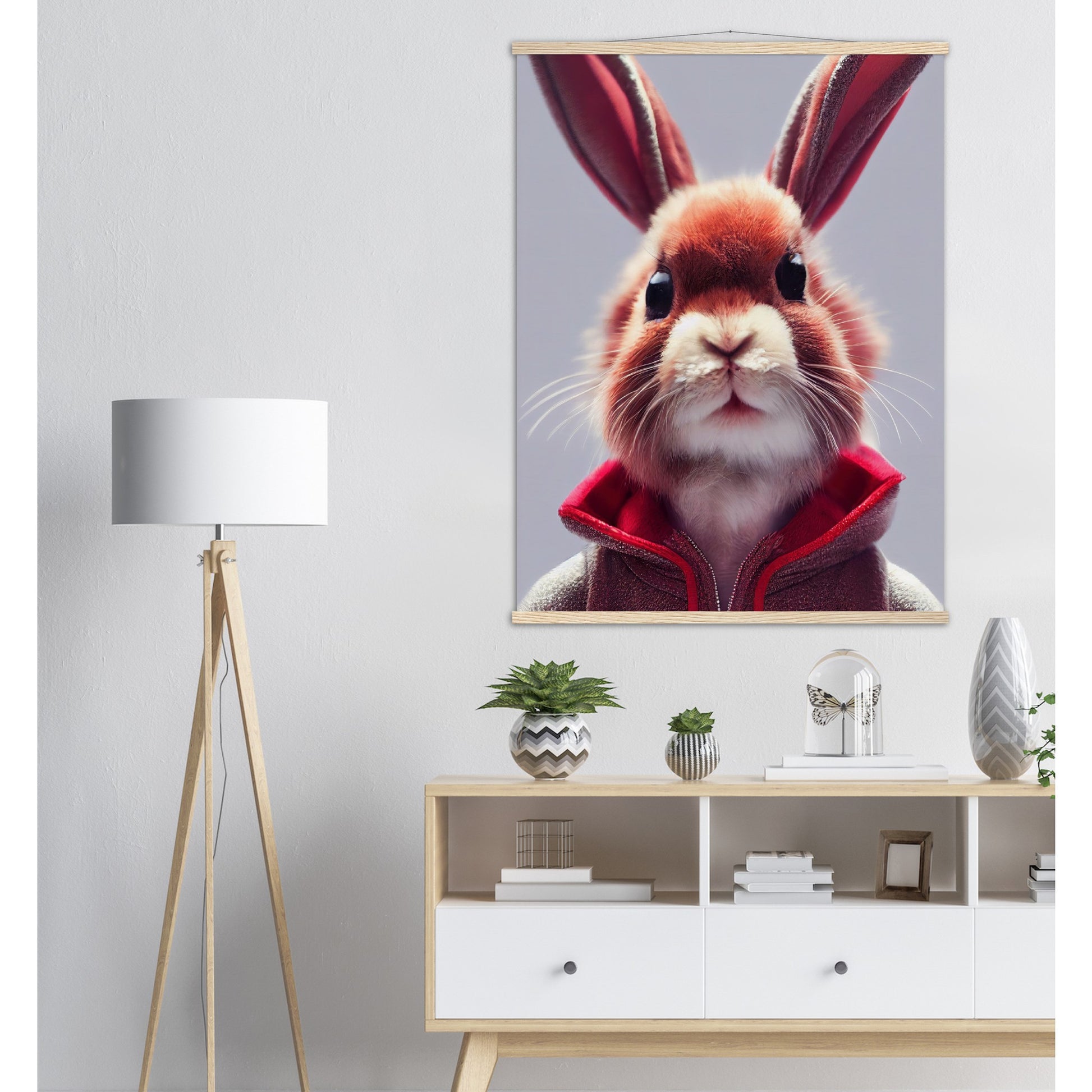 Poster mit Leisten (Holz)- Museumsqualität - Bunny in grey red tracksuit - "Julius" - personalized mug - customized mug - Cute rabbit - Marke:- Pixelboys - Brand - Art Prints - Marke - Wandkunst - Papierstärke: 250g/qm - Wall Art - Bunny crew - Skater Betty - Hasen Gang - Original - Künstler:Pixelboys - Poster with frame - Office Poster - Acrylkunst - Trend - Wandschmuck - Acrylbild - Atelier Canada - 