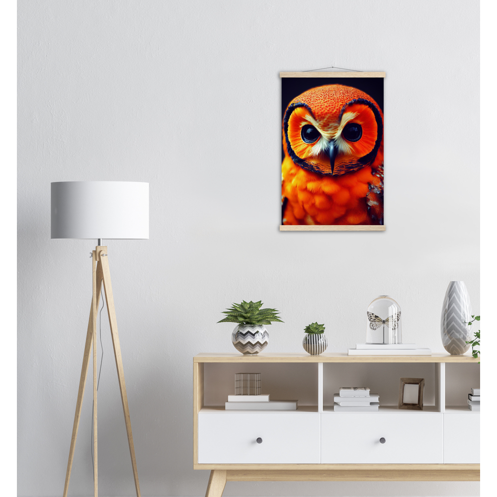 Poster mit Leisten (Holz) - Fruit Owl No. 1 - "Orangina", the orange owl - Serie Fruit Owls - Schleiereulen - lat. Tytonidae - Fruchteulen - Vogel - Bird - Strigiformes - Noctua - Ornithologie - Kunstwerk - Acryldruck - Poster mit Rahmen - Poster mit Leisten - Bedruckte Tassen - Kunst Marke - Art Brand - Pixelboys - Kunstdruck - Acrylbild - Wandbild - Kunstdrucke - Papier: 250g/qm - Künstler: John Grayst & Pixelboys - Eulen - Owl-  - Atelier - England - London - Birmingham - Manchester - Leeds - Liverpool  