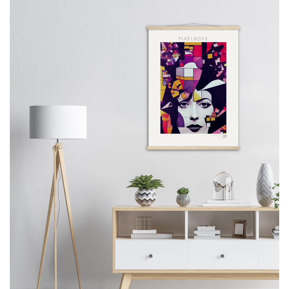 Poster mit Leisten (Holz) - The Queen No.1 - HRH in cubes - Kunstdruck - Queen Elisabeth II - Monarch - HRH - His/Her Royal Highness - Groß Britannien - Commonwealth - The Royal Family - Wandbild - Kubismus - synthetischen Kubismus - Georges Braque - Künstler: "John Grayst" - Atelier - UK - GB - London - 