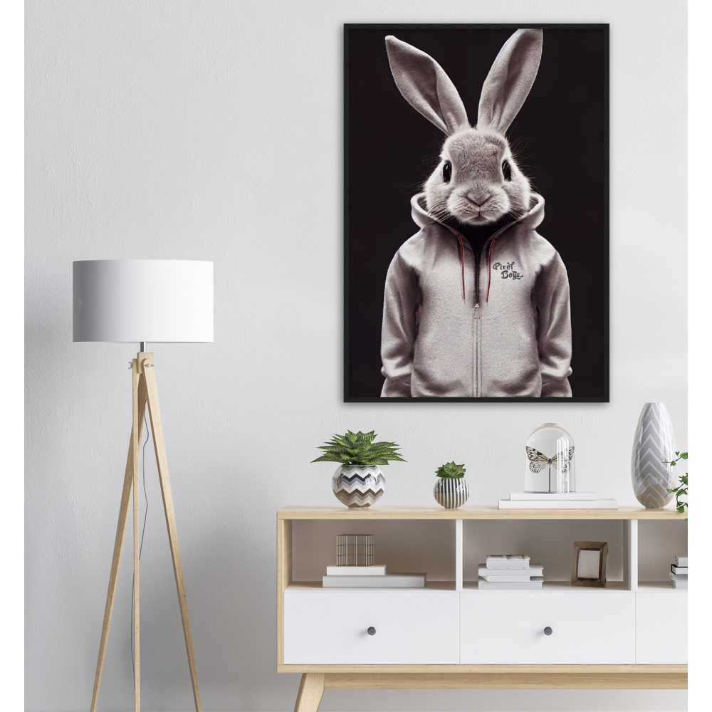 Poster mit Rahmen (Holz) - Bunny in grey tracksuit - Fashion Gang - Wandbild - Ostern - Geschenkidee - Osterhase - Bunny Crew: "Valerian" - "Caesar" - "Constantin" - "Cleo"-Titus - Weisser Hase - Easter Bunny - Cute - grey tracksuit - sweats - Alice's Adventures in Wonderland - Modemarke - Pixelboys Brand - Valerian der Hase - Kaninchen  - Künstler: "Pixelboys" - Atelier - Germany - Berlin - Hamburg - Colgne - France - Paris - Italy - Rom - USA - America - New York City - Los Angeles - Chicago - 