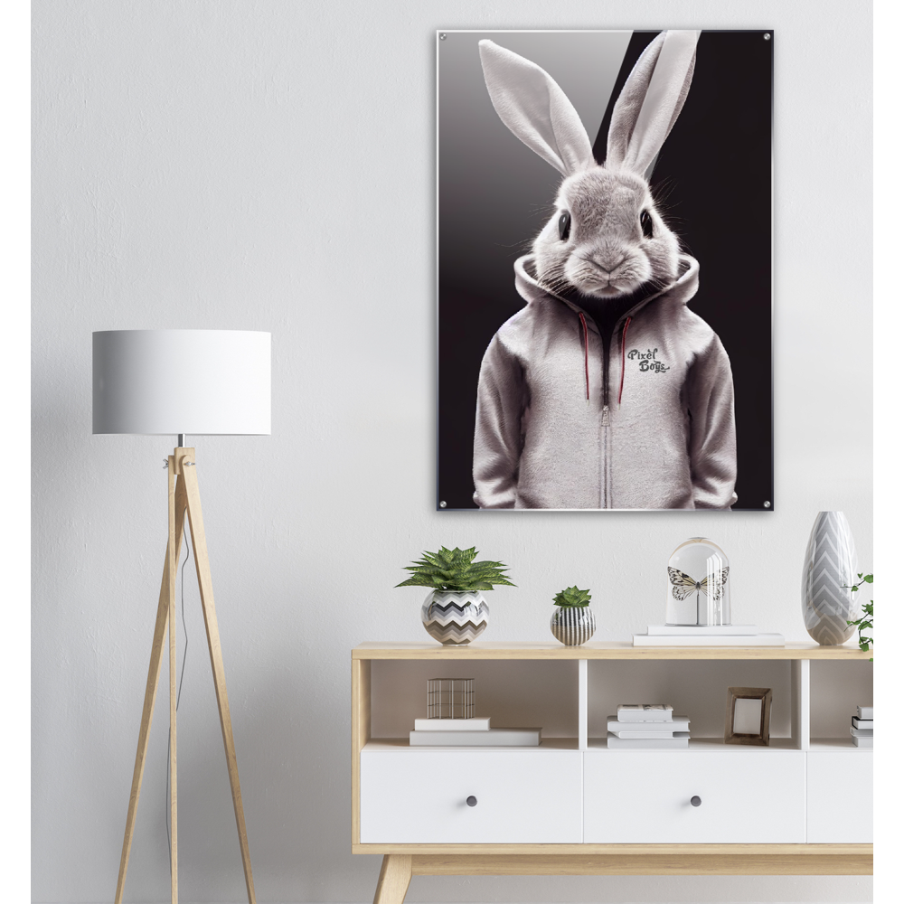 Acrylbild - Bunny in grey tracksuit - Fashion Gang - Acryldruck - Ostern - Geschenkidee - Osterhase - Bunny Crew: "Valerian" - "Caesar" - "Constantin" - "Cleo"-Titus - Weisser Hase - Easter Bunny - Cute - grey tracksuit - sweats - Alice's Adventures in Wonderland - Modemarke - Pixelboys Brand - Valerian der Hase - Kaninchen  - Künstler: "Pixelboys" - Atelier - Germany - Berlin - Hamburg - Colgne - France - Paris - Italy - Rom - USA - America - New York City - Los Angeles - Chicago - 