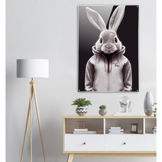 Acrylbild - Bunny in grey tracksuit - Fashion Gang - Acryldruck - Ostern - Geschenkidee - Osterhase - Bunny Crew: "Valerian" - "Caesar" - "Constantin" - "Cleo"-Titus - Weisser Hase - Easter Bunny - Cute - grey tracksuit - sweats - Alice's Adventures in Wonderland - Modemarke - Pixelboys Brand - Valerian der Hase - Kaninchen  - Künstler: "Pixelboys" - Atelier - Germany - Berlin - Hamburg - Colgne - France - Paris - Italy - Rom - USA - America - New York City - Los Angeles - Chicago - 