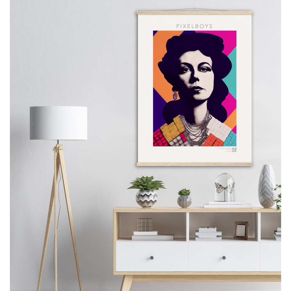  Poster mit Leisten (Holz) - in Museumsqualität - The Queen No.3 - HRH in cubes - Kunstdruck - 250g/qm - Queen Elisabeth II - Monarch - HRH - His/Her Royal Highness - Groß Britannien - Commonwealth - The Royal Family - Wandbild - Kubismus - synthetischen Kubismus - Georges Braque - Künstler: "John Grayst" - Atelier - UK - GB - London - 