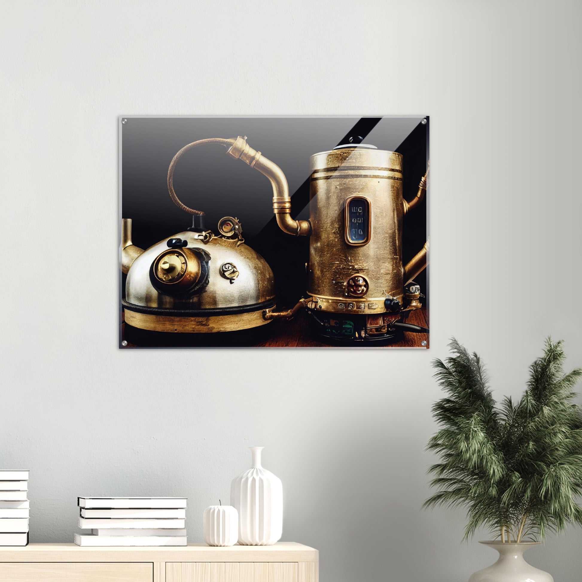 Acrylbild auf Glas in Museumsqualität - Steampunk - Coffee Maker - No.3 - Collection Cup - Pixelboys - Wandbild - Kunstwerk - Hotelkunst - Kunst auf Postern - Fine Art - Steampunk - Future - Maschine - Poster with frame - Office Poster - Art Brand - Pixelboys - Coffee House - Restaurant Poster - Wall Art - Kunstdruck - Geschenkidee - Kunst auf Acrylglas - Future Coffee Cup - Personalisierbare Tasse - Gastro Tasse - exklusiv - Gastronomie Poster - Hotelposter - Steam Punk Kitchen - Acryldruck