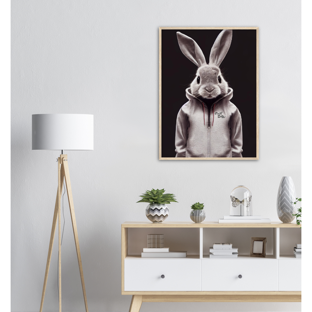 Poster mit Rahmen (Holz) - Bunny in grey tracksuit - Fashion Gang - Wandbild - Ostern - Geschenkidee - Osterhase - Bunny Crew: "Valerian" - "Caesar" - "Constantin" - "Cleo"-Titus - Weisser Hase - Easter Bunny - Cute - grey tracksuit - sweats - Alice's Adventures in Wonderland - Modemarke - Pixelboys Brand - Valerian der Hase - Kaninchen  - Künstler: "Pixelboys" - Atelier - Germany - Berlin - Hamburg - Colgne - France - Paris - Italy - Rom - USA - America - New York City - Los Angeles - Chicago - 