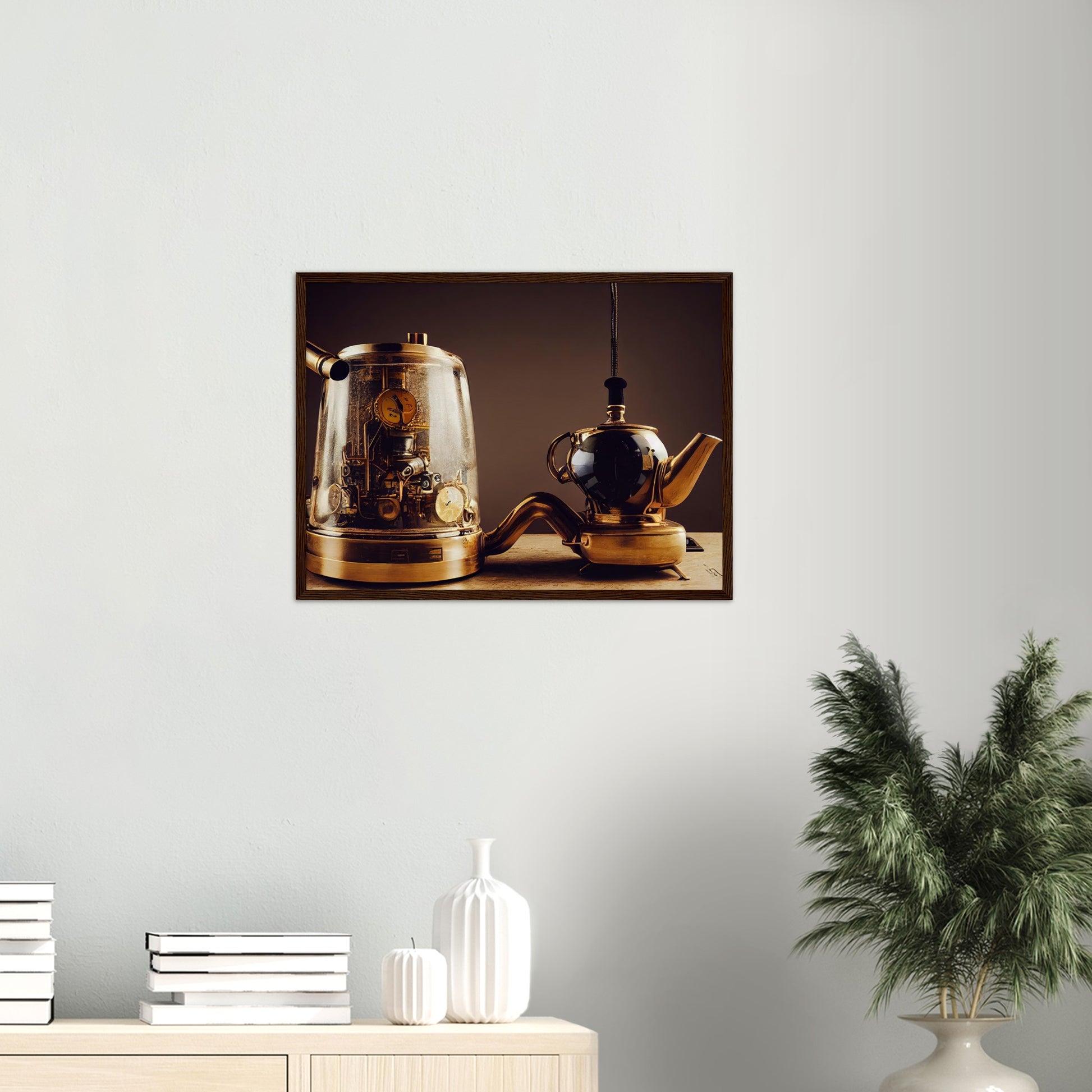 Poster mit Rahmen (Holz) - in Museumsqualität - Steampunk - Coffee Maker - No.2 - Pixelboys - Wandbild - Kunstwerk - Hotelkunst - Kunst auf Postern - Fine Art - Steampunk - Future - Maschine - Poster with frame - Office Poster - Art Brand - Pixelboys - Coffee House - Restaurant Poster - Schöner Wohnen - Dekoration - Wall Art - Kunstdruck - Geschenkidee - Kunst auf Acrylglas - Future Coffee Cup - Personalisierbare Tasse - Gastro Poster -  Gewerbliche Poster - exklusiv - Gastronomie Poster - 