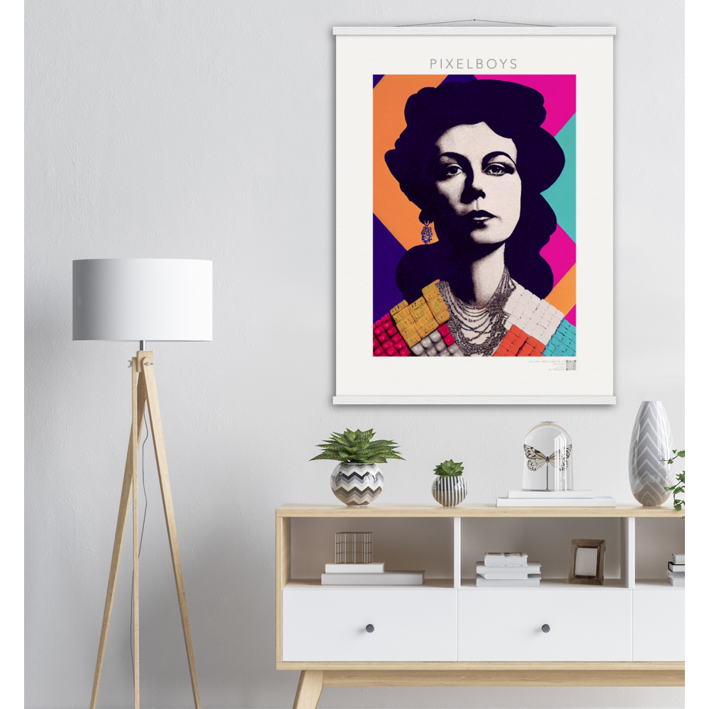  Poster mit Leisten (Holz) - in Museumsqualität - The Queen No.3 - HRH in cubes - Kunstdruck - 250g/qm - Queen Elisabeth II - Monarch - HRH - His/Her Royal Highness - Groß Britannien - Commonwealth - The Royal Family - Wandbild - Kubismus - synthetischen Kubismus - Georges Braque - Künstler: "John Grayst" - Atelier - UK - GB - London - 