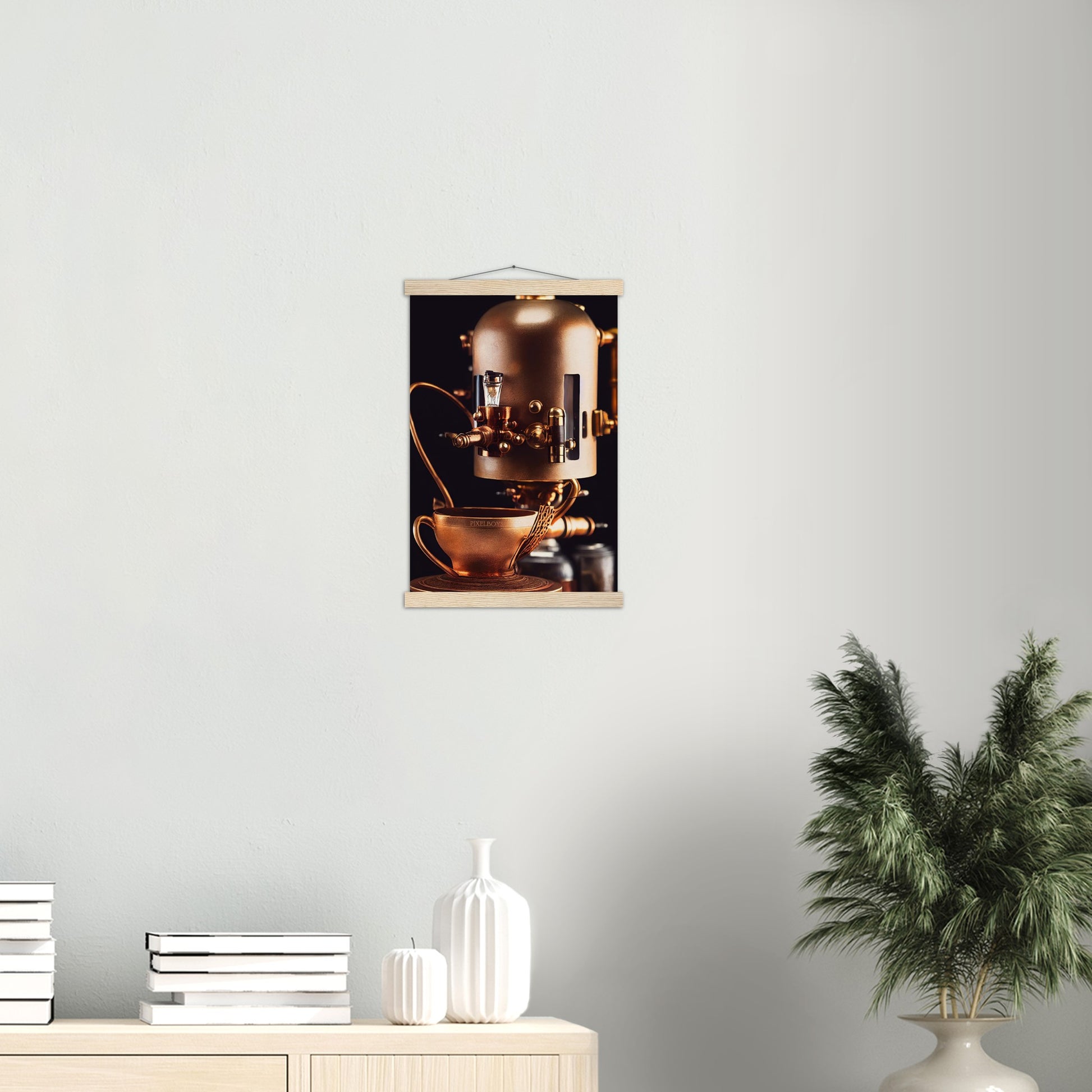 Poster mit Leisten (Holz) - Steampunk - Coffee Maker - No.7 - Collection Cup - Pixelboys - Wandbild - Kunstwerk - Hotelkunst - Kunst auf Postern - Fine Art - Steampunk - Future - Maschine - Poster with frame - Office Poster - Art Brand - Pixelboys - Coffee House - Restaurant Poster - Wall Art - Kunstdruck - Geschenkidee - Kunst auf Acrylglas - Future Coffee Cup - Personalisierbare Tasse - Gastro Tasse - exklusiv - Acryldruck - Gastronomie Poster - Hotelposter - Teestube - Steam Punk Kitchen -   