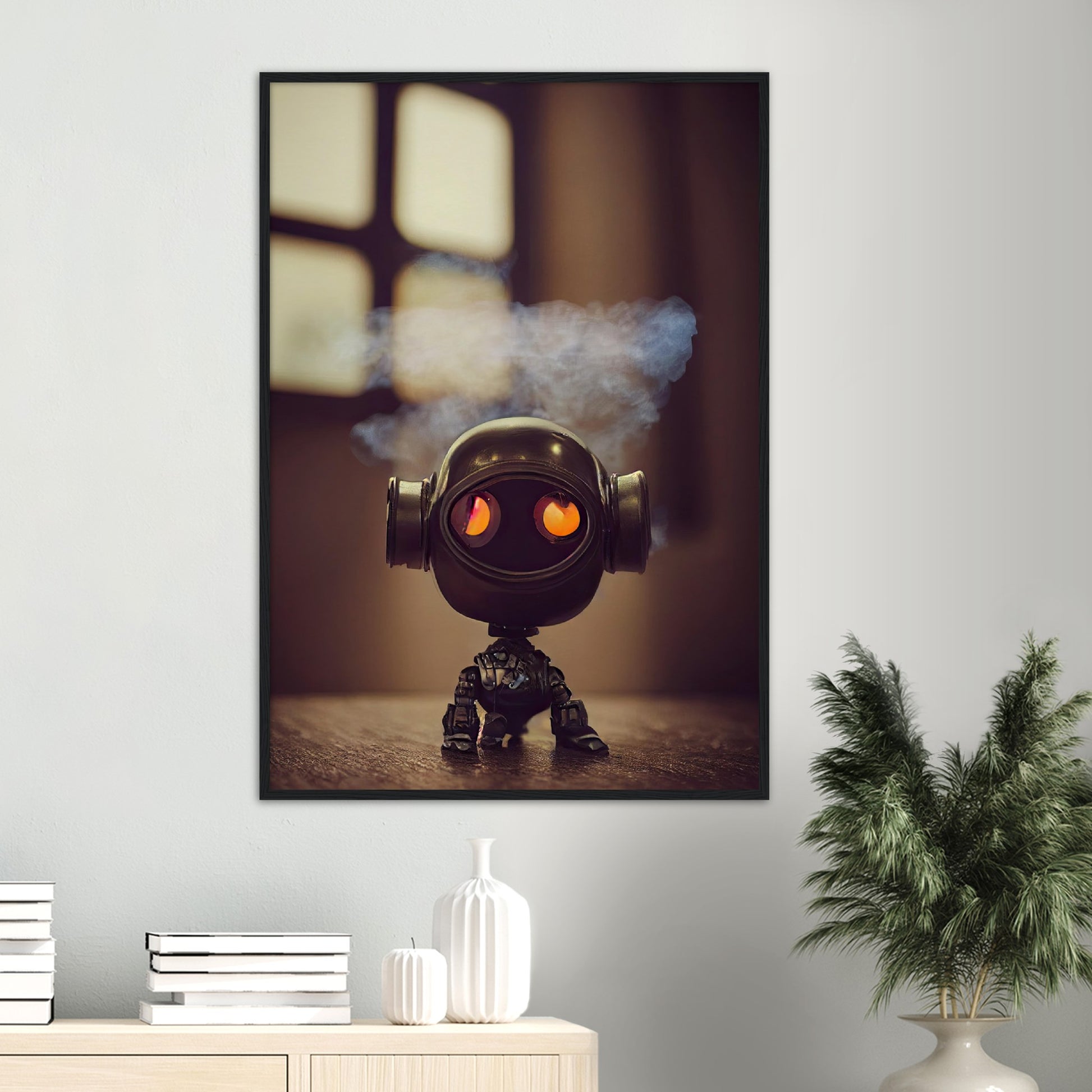 Poster mit Rahmen (Holz) - in Museumsqualität - Tiny robot - with smoke around his head - "Tiny Tim" - Wandbild - Customizable Coffee Cup - Personalized Gifts - Kunstdruck - Rauchender Roboter - Steampunk - Acryldruck - Smoking Robots - Personalized Gifts - Poster with frame - nr.5 lebt - zukunft - Kunstwerk - Office Poster - Poster mit Rahmen - Kaffee Tasse  - Bedruckte Tassen - Kunst Marke - Art Brand - Wandbild - Kunstdrucke - Künstler: John Grayst & Pixelboys - emotional robots - Geschenkidee -