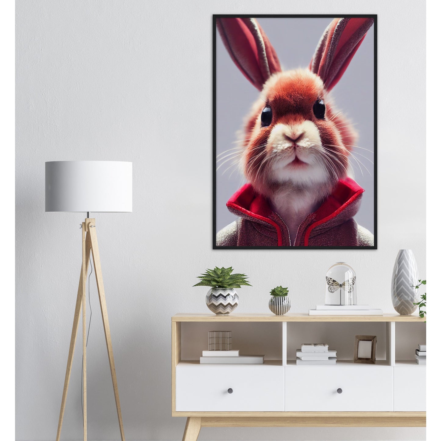 Poster mit Rahmen (Holz)- Museumsqualität - Bunny in grey red tracksuit - "Julius" - personalized mug - customized mug - Cute rabbit - Marke:- Pixelboys - Brand - Art Prints - Marke - Wandkunst - Papierstärke: 250g/qm - Wall Art - Bunny crey - Skater Betty - Hasen Gang - Original - Künstler:Pixelboys - Poster with frame - Office Poster - Trend - Wandschmuck - Atelier USA - 